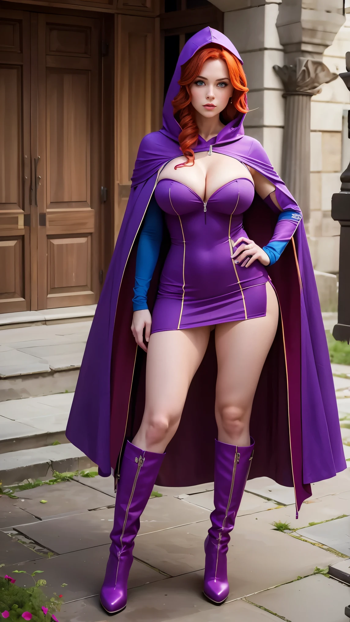 A sexy woman big breasts athletic body red hair green eyes purple hooded cape pink dress with blue knife high boots Maron nsfw 