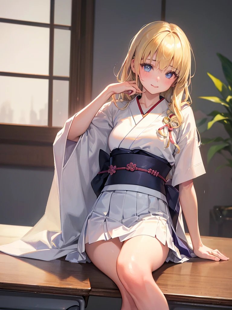 High resolution, masterpiece, look here, sitting with knees up on the floor, legs open, very realistic image of beautiful blonde hair, drawn by professional ukiyo-e, world of imagination, slim girl, nice legs , a well-fitting body, a sensual skirt, long eyelashes, delicate makeup that accentuates her gaze, a devilishness that sends shivers down your spine, her lips slightly parted, giving off a mysterious aura, and her eyes tilted upwards. 's eyes will tempt you,