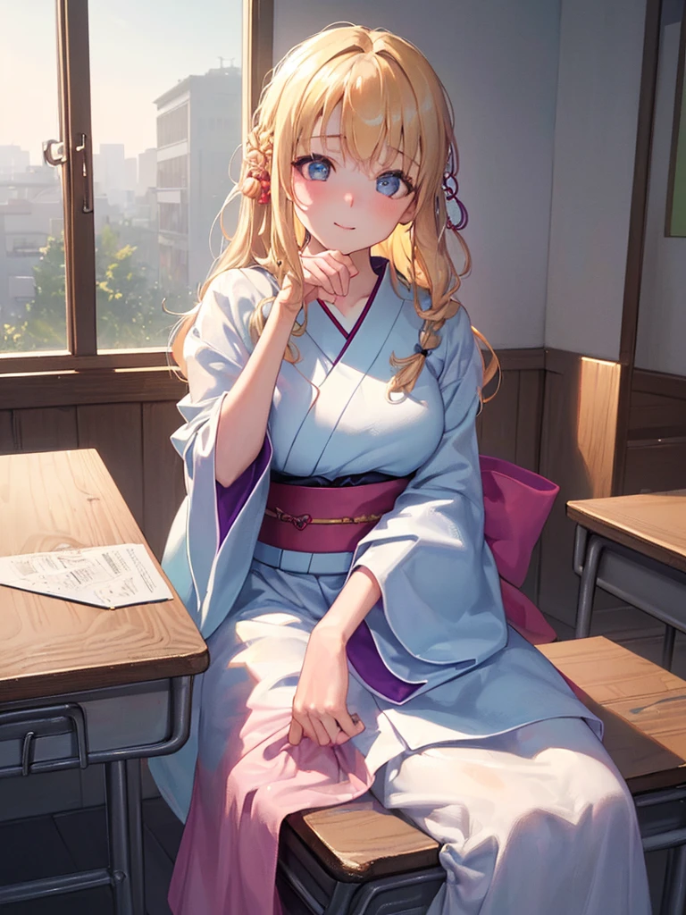 photo realistic, (masterpiece,best quality:1.4),(8k,raw photo,photo realistic:1.2),Not Safe for Work, detailed skin,detailed face,1girl,Japanese princess, cute face, super resolution,retro realistic details Illustration,,{{{elaborate, intricately,fantastic,delicately,tremendous,meticulous,minute,incredibly,obsessed,artisan's,subtle,virtuoso,skillful,vibrant, vivid, complex}}}, clearly focus edge, fresh natural gradation, best quality, amazing quality, very aesthetic, absurdres, ((face focus)), one girl sitting in her room gaze out the window on rainy day, blurred upper half of a girl's body mirrored in the windowpane, nostalgic
(((japanese clothes))), (a teenage girl:1.3),14-yo, (medium breasts:1.25),light smile,(tilted head:2.0),(both elbows on the school desk:1.6),(put chin on own both hands:1.6),(wearing white school shirt:1.1),(looking at viewer:1.5),(closeup to viewer:1.5), medium bob,  (blonde hair), ((wavy hair)), shimmering eyes, Blue eyes, long hair, , beautiful hands, neck ribbon, baby face, twinkle in the eye, braided bangs, 
((bedroom)), ((pastelcolour)), imagination, 