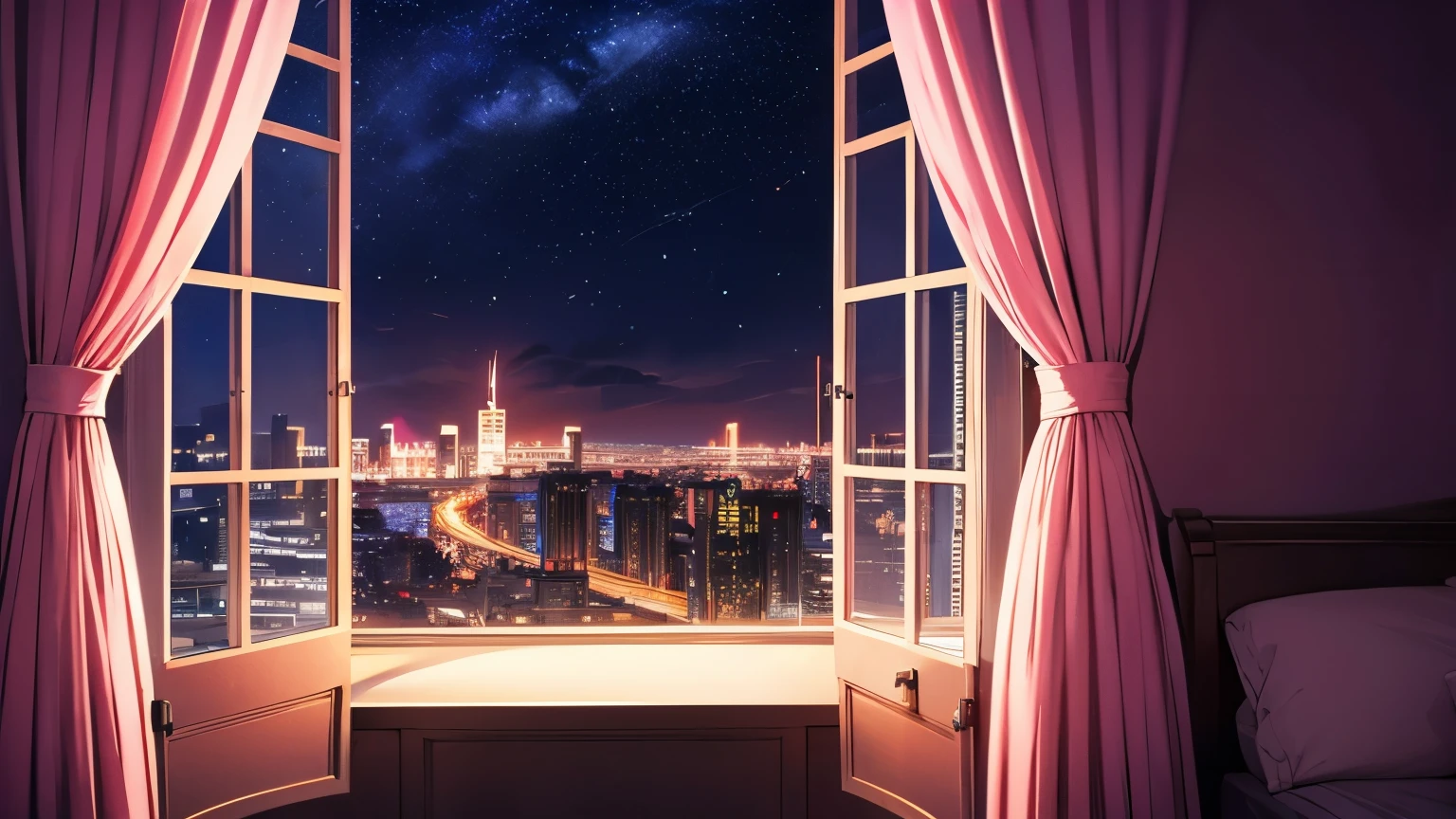 Backround only, night, in the room, gorden, red gorden, wall, dark, no person, room, gordyn, curtain, pink, windows, stars on the sky, city views