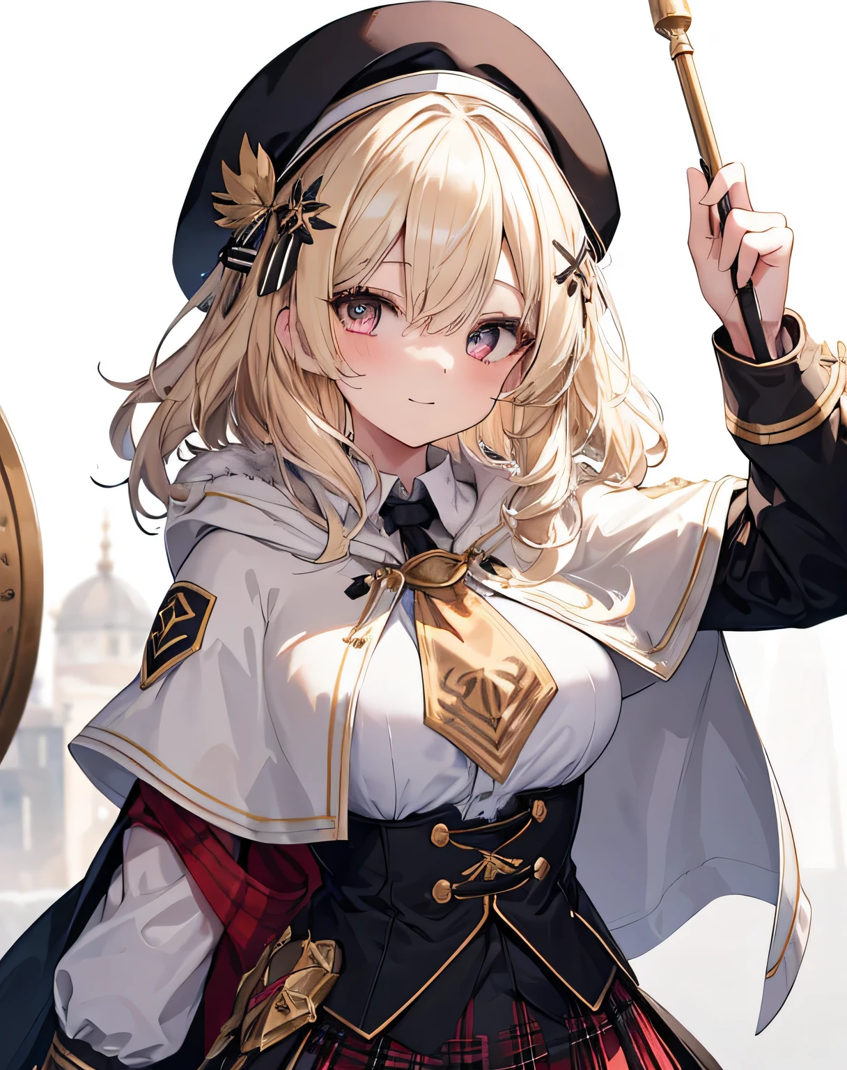 masterpiece,1girl, sparrow, a blonde haired girl, wearing a priestess uniform, curly medium hair, messy hair, black skirt, short white capelet with furry hoody, slim body, she have a schyte, medium breasts, she close her left eye, shirt ornament, ppai, white beret, cheerfull face, beautiful breasts, rounded breasts, crimson eyes, pleated skirt, plaid skirt