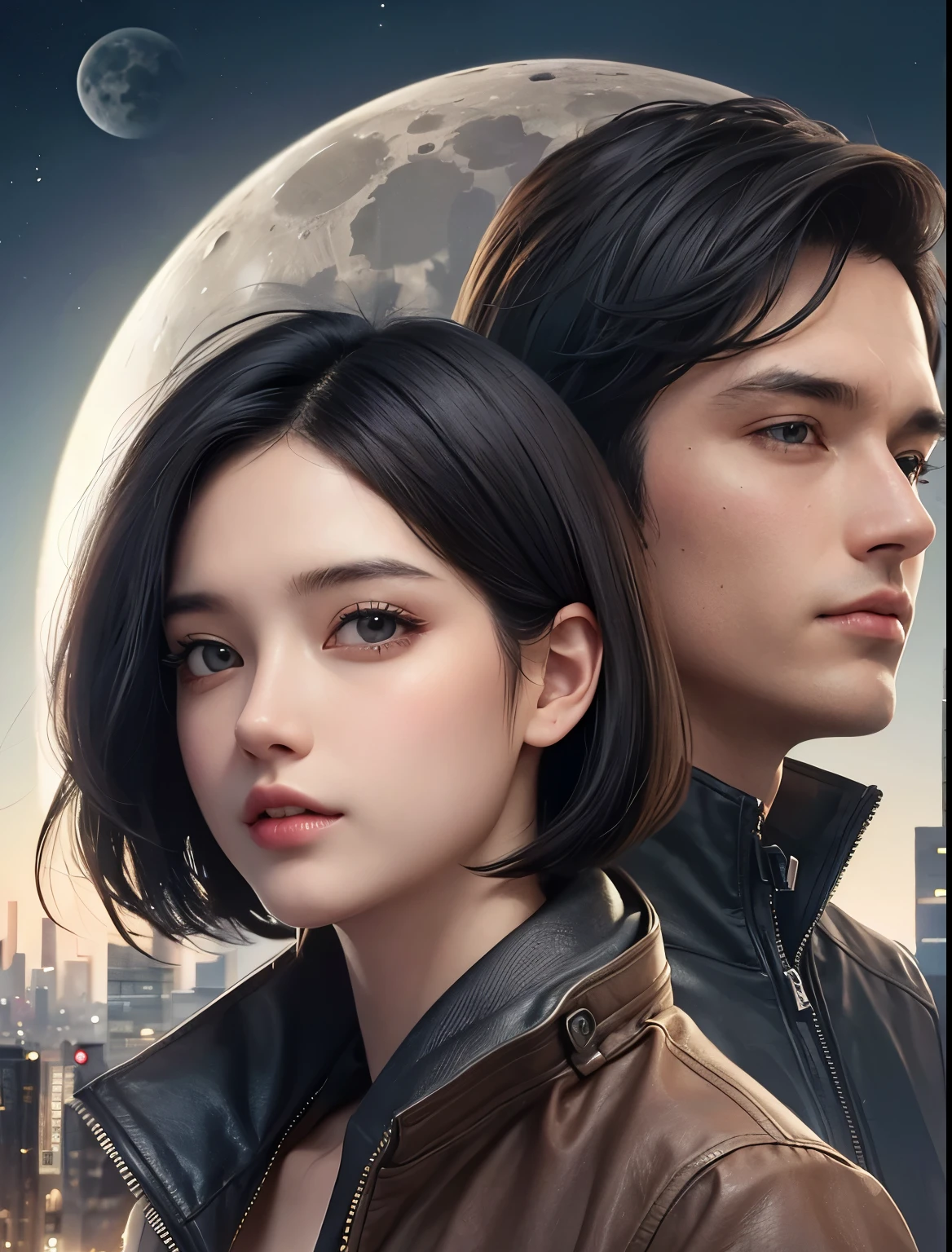 Close-up image of the upper body。One Man and One Woman。Man has short black hair。The woman has long dark brown hair。Both are beautiful and in their mid-20s.。both are wearing jackets。Behind it is a city on the moon。