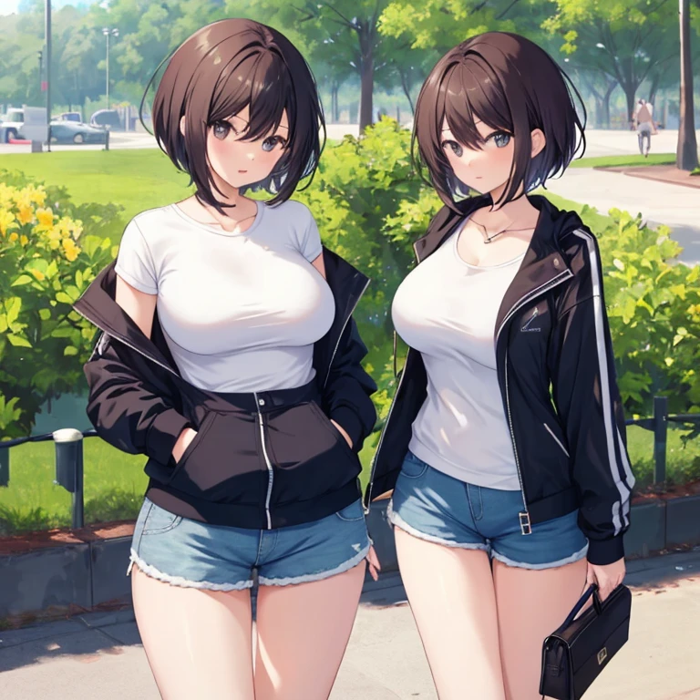 1 person, girl, at the park, short hair, slim, Thighs, shorts, big breasts, ,perfect anatomy, figure, algorithm trends