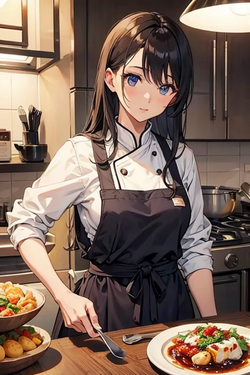 chef dress、attractive woman、beautiful eyes