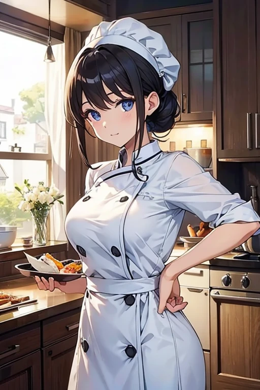 chef dress、attractive woman、beautiful eyes