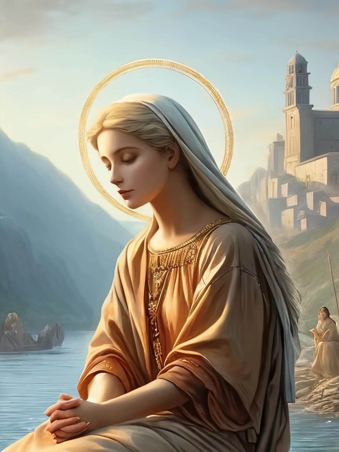 a painting of a woman sitting on a rock near a body of water, majestic MULHER SANTA, Virgem Maria, queen of heaven, MULHER SANTA, por Roman Bezpalkiv, linda donzela, por Johfra Bosschart, portrait of Virgem Maria, powder László Balogh, beautiful representation, Deusa linda, lindo santo de ouro, sagrado, por Kurt Roesch