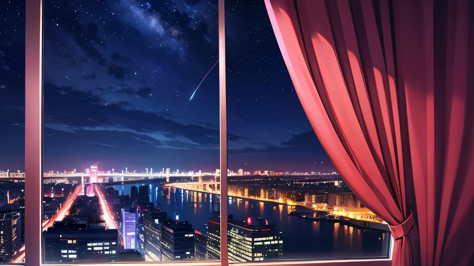 Backround only, night, in the room, gorden, red gorden, wall, dark, no person, room, gordyn, curtain, pink, windows, stars on the sky, city views