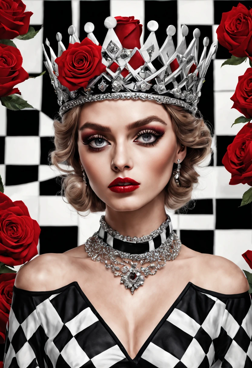 
the chess queen.huge detailed eyes, long eyelashes, crown,chessboard background, black and white checkered dress,red roses,photorealism,surrealism,dolce &gabbana, high fashionart deco, professional photography,hyper, detailing, delicate watercolor, botanical, digital-art, pixel art