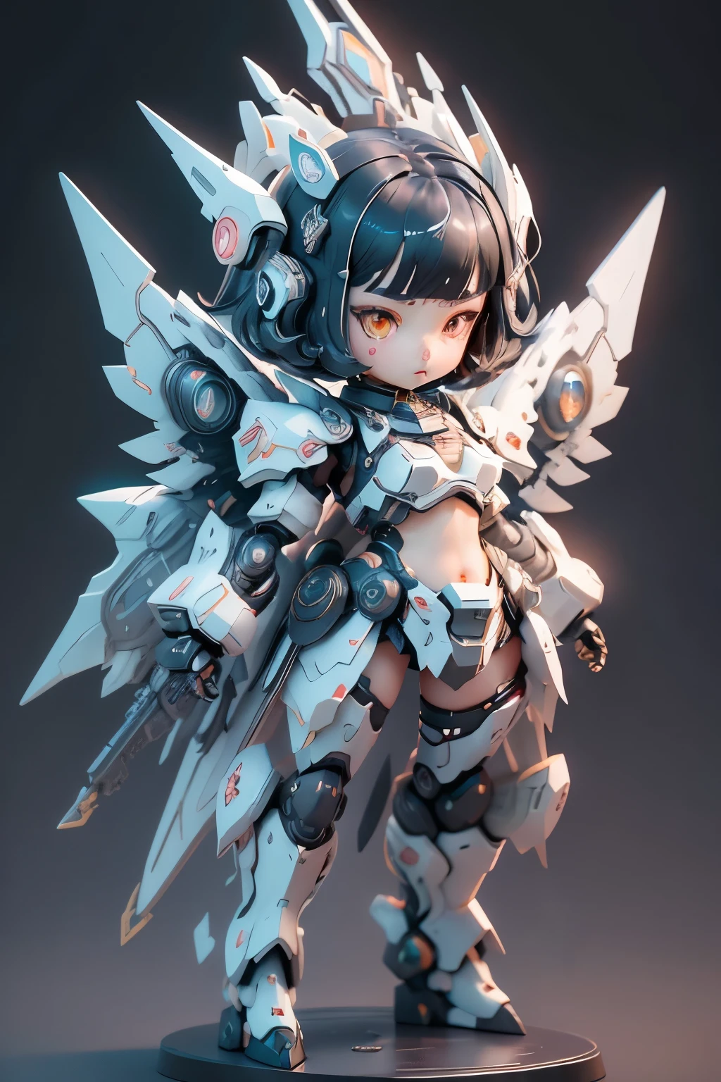 plastic an 00d, 1 girl, Little, Dopamine Color Matching, Double Diamond, white theme, Luxurious fabrics, dither, far-reaching, She is fused with futuristic Gundam mecha, Gundam style, with headgear, with v-fin , visible cleavage, visible stomach, visible waist,, armored shoulders,armored under arms, armored under legs, mechanical wings, holding weapon, holding huge weapon, holding Very large shield, (battle pose:1.2),(bob cut:1.3), black hair, thick eyebrows, light colored iris, big, shining black eyes, long eyelashes, small, pale natural lips, (Average face of Japanese idols), wide forehead:1.2, plump cheeks, small chin, visible side boob, pretty background3d、4d,