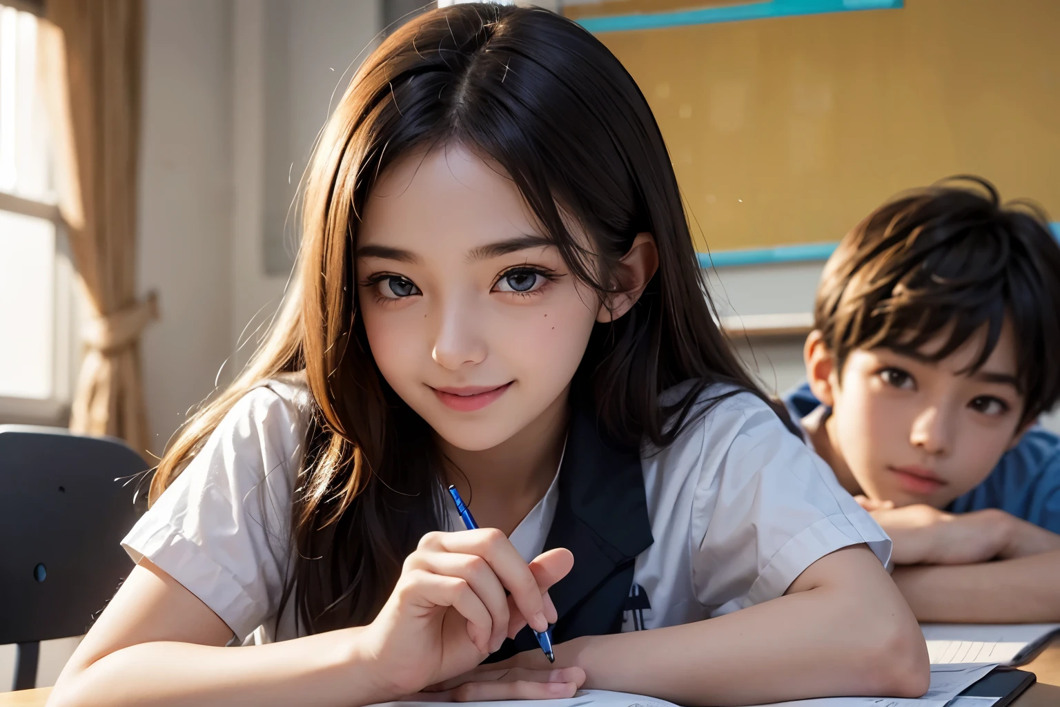 two , During class, school, one boy one girl, Desk, note, writing, sitting, high detailed real face, smile, beautiful skin, high detailed skin, beautiful eyes, high detailed finger, high detailed hand, masterpiece,