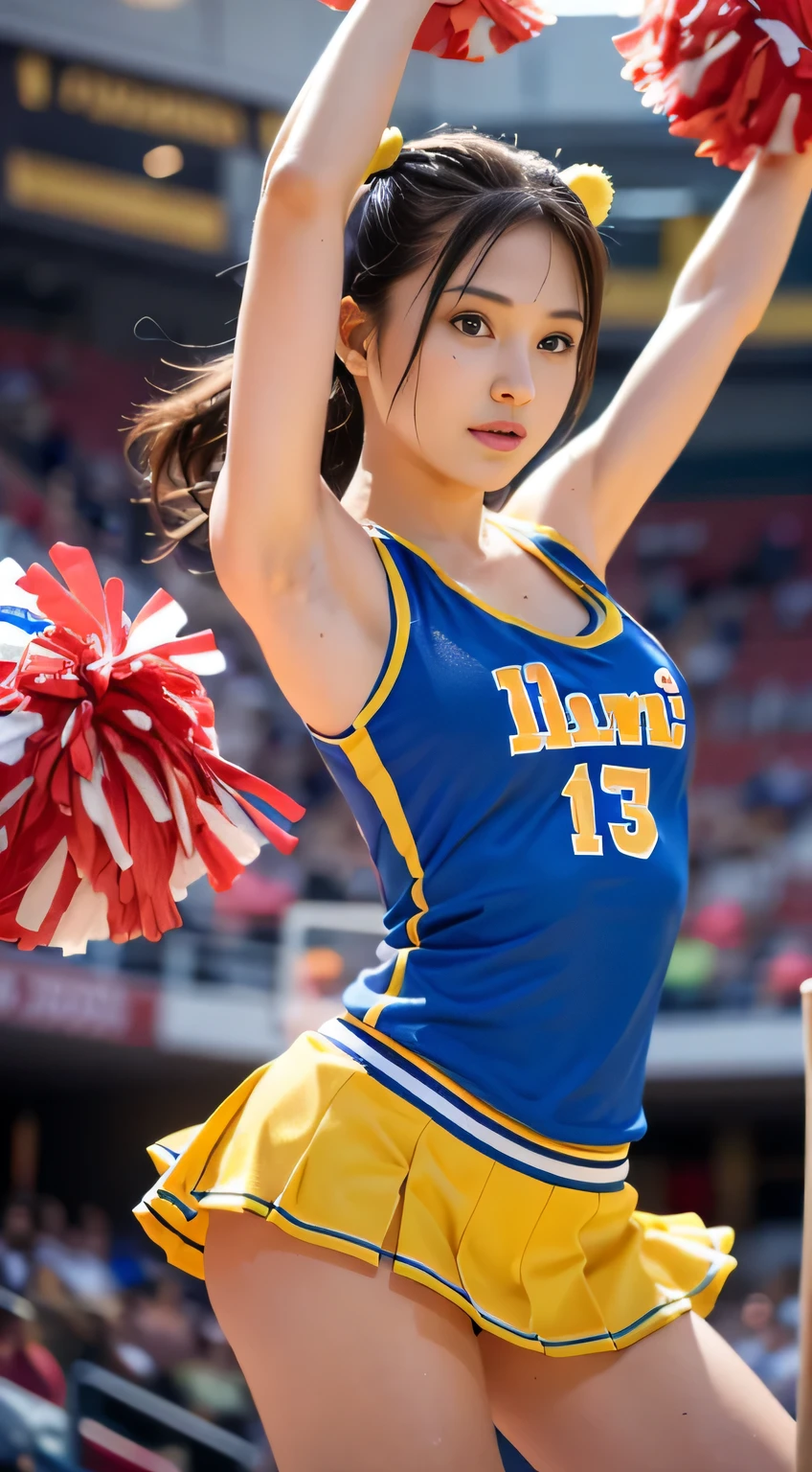 (((Draw only one woman:2)))、((Cheerleaders dancing at the basketball venue:1.5))、((She wears an elaborately designed cheerleader costume.:1.8))、beautiful woman、((1 screen))、8K、RAW shot、highest quality photos、masterpiece、nice realistic pictures、(( anatomically correct proportions : 1.5))、((perfect proportions))、((A cute woman who looks like a beautiful Japanese idol))、((small head))、detailed face、detailed eyes、narrow nose、(detailed fingers: 1.2)、detailed arms、detailed skin、detailed legs、(slim style)、((thin waist))、(Medium udder)、(Cheerleader costume with elaborate tank top design:1.5)、(sweaty body:1.2)、(sweaty hair:1.2)、(Cheerleader costume with bold design that shines when wet:1.3)、((Holding pom-poms in both hands:1.5))