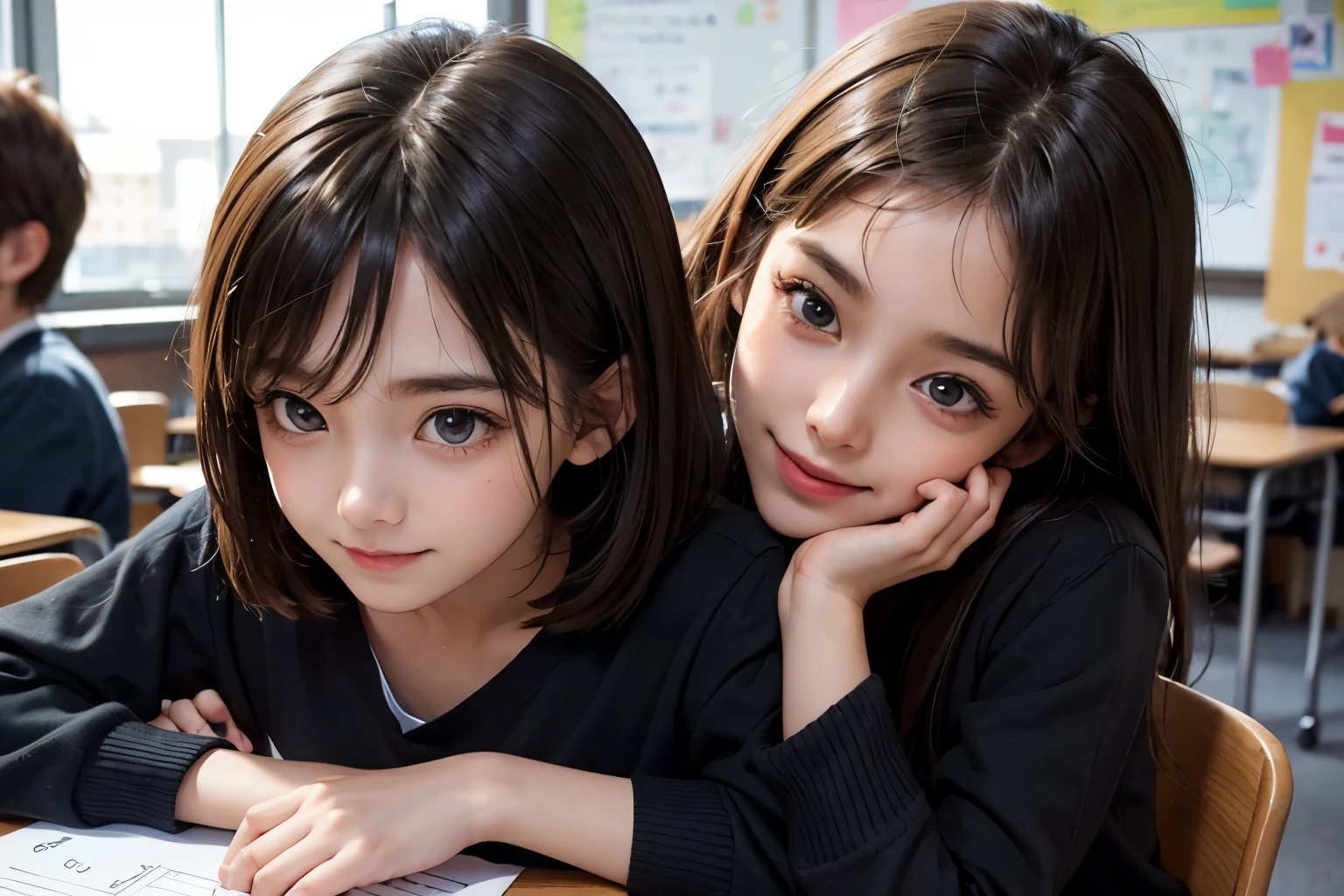 two kids, During class, school, one boy one girl, Desk, note, writing, sitting, high detailed real face, smile, beautiful skin, high detailed skin, beautiful eyes, high detailed finger, high detailed hand, masterpiece,