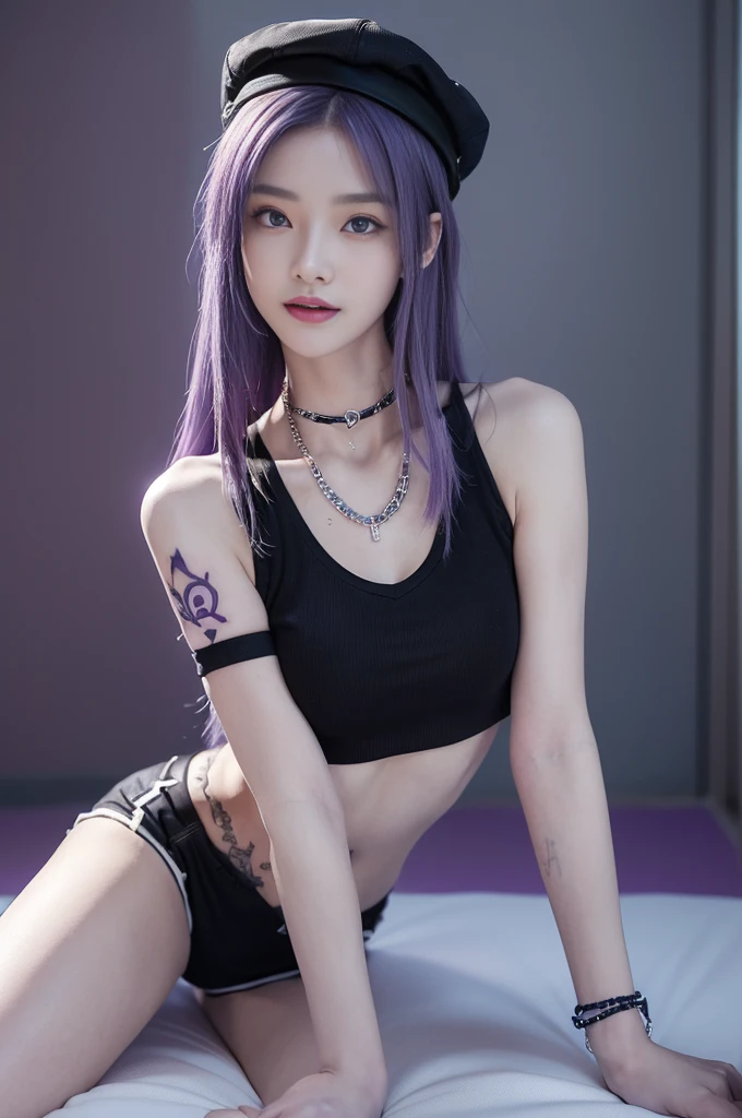 top quality、Top image quality、Masterpiece、girl with((18 years old、cool hat、Tattoo on the right shoulder、Black crop top vest、white shorts、best bust、Bust 85、purple hair、long hair、blue eyes、open your mind、happiness、chain accessories、Black wristband on the wrist、A slender one、a smile、There is a controller、Sexy shots、game耳机、all fours position))high quality、visual art、Magazine cover style、background with((Neon colored room、game、game桌、game椅、game床、game机、The atmosphere of the night))、on the table、depth(rete)