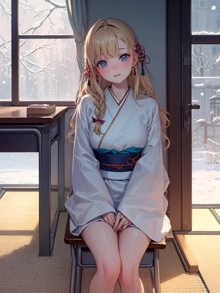 photo realistic, (masterpiece,best quality:1.4),(8k,raw photo,photo realistic:1.2),Not Safe for Work, detailed skin,detailed face,1girl,Japanese princess, cute face, super resolution,retro realistic details Illustration,,{{{elaborate, intricately,fantastic,delicately,tremendous,meticulous,minute,incredibly,obsessed,artisan's,subtle,virtuoso,skillful,vibrant, vivid, complex}}}, clearly focus edge, fresh natural gradation, best quality, amazing quality, very aesthetic, absurdres, ((face focus)), one girl sitting in her room gaze out the window on snow day, blurred upper half of a girl's body mirrored in the windowpane, nostalgic
(((japanese clothes))), (a teenage girl:1.3),14-yo, (medium breasts:1.25),light smile,(tilted head:2.0),(both elbows on the school desk:1.6),(put chin on own both hands:1.6),(wearing white school shirt:1.1),(looking at viewer:1.5),(closeup to viewer:1.5), medium bob, (blonde hair), ((wavy hair)), shimmering eyes, Blue eyes, long hair, , beautiful hands, neck ribbon, baby face, twinkle in the eye, braided bangs,
((bedroom)), ((pastelcolour)), imagination, (((snow day))),