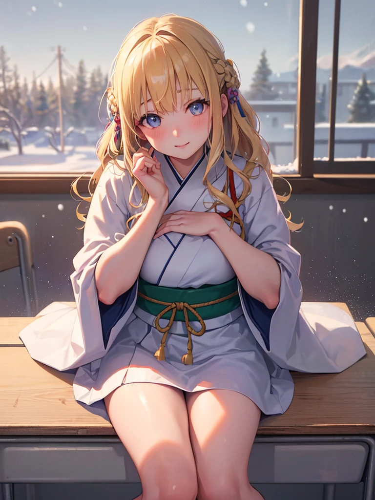 photo realistic, (masterpiece,best quality:1.4),(8k,raw photo,photo realistic:1.2),Not Safe for Work, detailed skin,detailed face,1girl,Japanese princess, cute face, super resolution,retro realistic details Illustration,,{{{elaborate, intricately,fantastic,delicately,tremendous,meticulous,minute,incredibly,obsessed,artisan's,subtle,virtuoso,skillful,vibrant, vivid, complex}}}, clearly focus edge, fresh natural gradation, best quality, amazing quality, very aesthetic, absurdres, ((face focus)), one girl sitting in her room gaze out the window on snow day, blurred upper half of a girl's body mirrored in the windowpane, nostalgic
(((japanese clothes))), (a teenage girl:1.3),14-yo, (medium breasts:1.25),light smile,(tilted head:2.0),(both elbows on the school desk:1.6),(put chin on own both hands:1.6),(wearing white school shirt:1.1),(looking at viewer:1.5),(closeup to viewer:1.5), medium bob,  (blonde hair), ((wavy hair)), shimmering eyes, Blue eyes, long hair, , beautiful hands, neck ribbon, baby face, twinkle in the eye, braided bangs, 
((bedroom)), ((pastelcolour)), imagination, (((snow day))),
