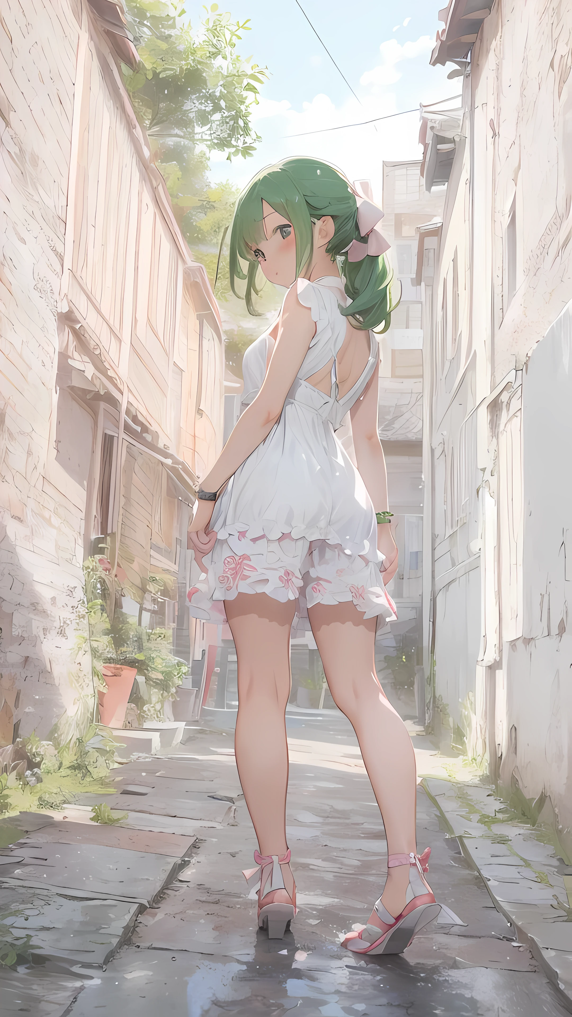 (((On the slope of the cityscape、(back view)、turn around、one girl、(Pretty buttocks、No panties、Pink dressから浮き出るヒップライン)、(Pink dressを着たかわいい女の子、(Pink dress)、、shyness)))、smooth translucent white skin、 ((best quality, muste piece, High resolution:1.2), Super detailed, (Reality:1.37), vividness and color, ticker, studio lighting, Tits sharp focus,Physically based rendering、8K image wallpaper)、(very delicate and beautiful)、(masterpiece)、(highest quality:1.0)、(超High resolution:1.0)、(Precise human body structure)、(complete limbs)、(腕は2Book)、(脚は2Book)、(full finger)、(The fingers are5Book)、(slender beauty)、(Not muscular)、(((((Expressive Ace Perfect、girls dragon ball bloomers、 ribbon lay hair ponytail、green hair、Not Moriman)))、excitement、(blush:1.3)、peaceful scenery、serene landscape、beautiful scenery、stunning landscape、Perfect View