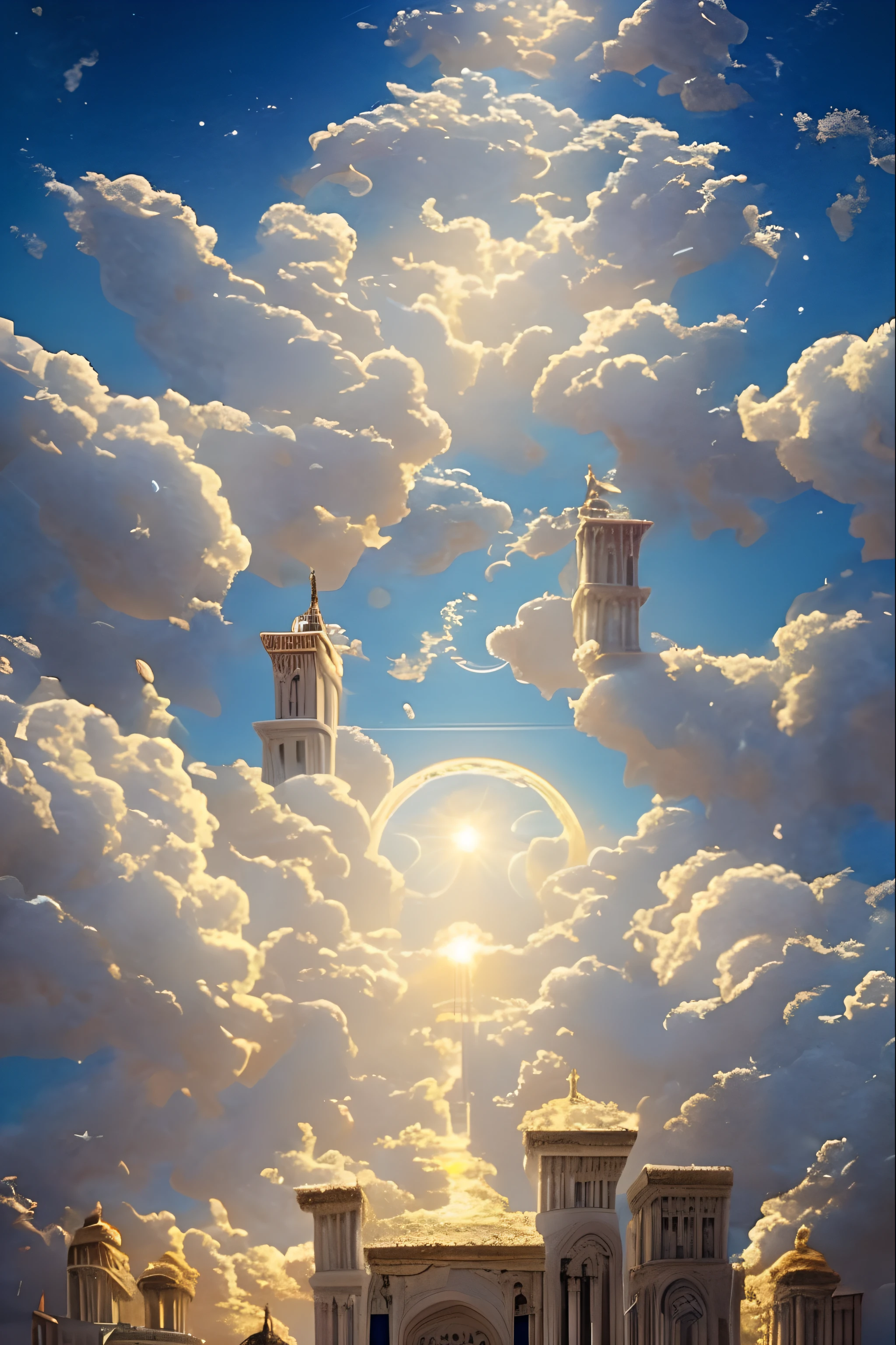 Cloud World, angels flying around, majestic gates and pillars, the sun and moon and stars, in heaven, 
masterpiece, best quality, ultra-detailed, 
Sidon, Sidon style
(photorealistic), an extremely delicate and beautiful, depth of field, film grain, professional lighting, 
photon mapping, radiosity, physically-based rendering,