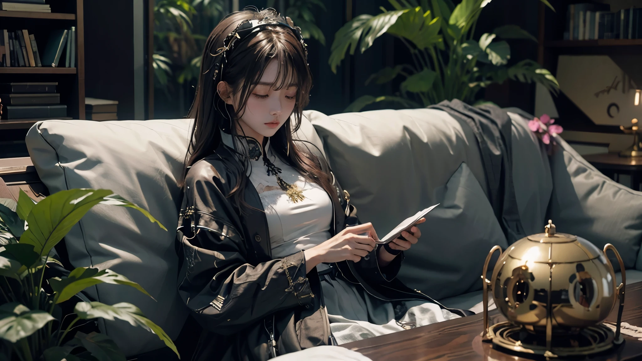 Healing,headphone,music,黒いレザーのsofa,sofa,Foliage plant,,,,