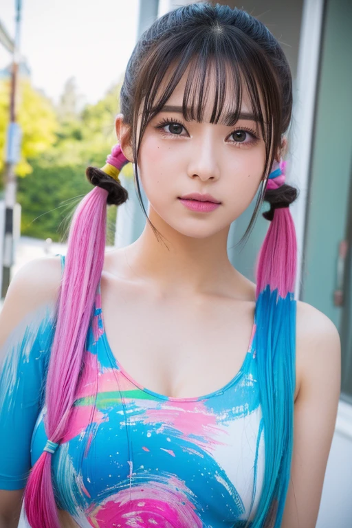 colorful pigtails,anime ,))),beautiful girl, hyper detail, eye, adult, drops of paint, 絵の具のtears, woman made of paint, paint all over, splash of water, splash of water, long colored hair, paint bulbs, drops of paint, exposed shoulders, tears, I can see your shoulders, thighs exposed, Half, focus on face, beautiful face, eye shadow, bear outline, mascara, beautiful woman, 18-year-old