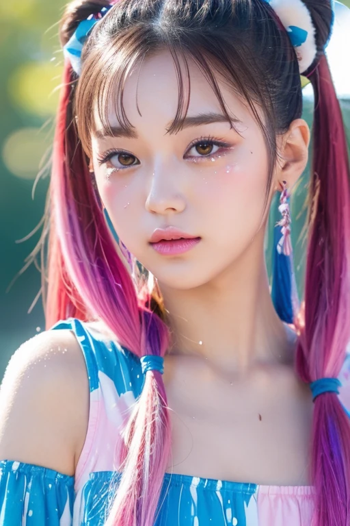 colorful pigtails,anime ,))),beautiful girl, hyper detail, eye, adult, drops of paint, 絵の具のtears, woman made of paint, paint all over, splash of water, splash of water, long colored hair, paint bulbs, drops of paint, exposed shoulders, tears, I can see your shoulders, thighs exposed, Half, focus on face, beautiful face, eye shadow, bear outline, mascara, beautiful woman, 18-year-old