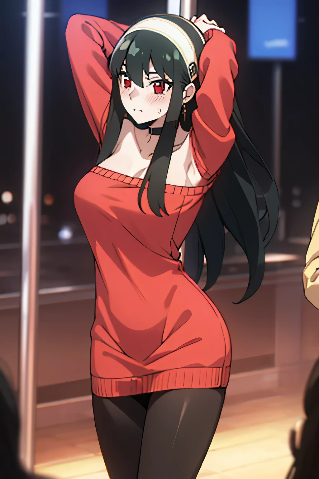 yor briar, black hair, red eyes, earrings, white hairband, hairband, long hair, sidelocks, masterpiece, best quality, strip club, full-face blush, sweat,arms up, hands behind head , ,stripper pole, pole, pole dancing, solo focus, crowd,, cowboy shot, bare shoulders, collarbone, dress, long sleeves, off shoulder, off-shoulder dress, off-shoulder sweater, pantyhose, red sweater, sweater,, thighs,
,1 girl, solo, body focus, detailed, facing viewer, sfw, strip club setting,