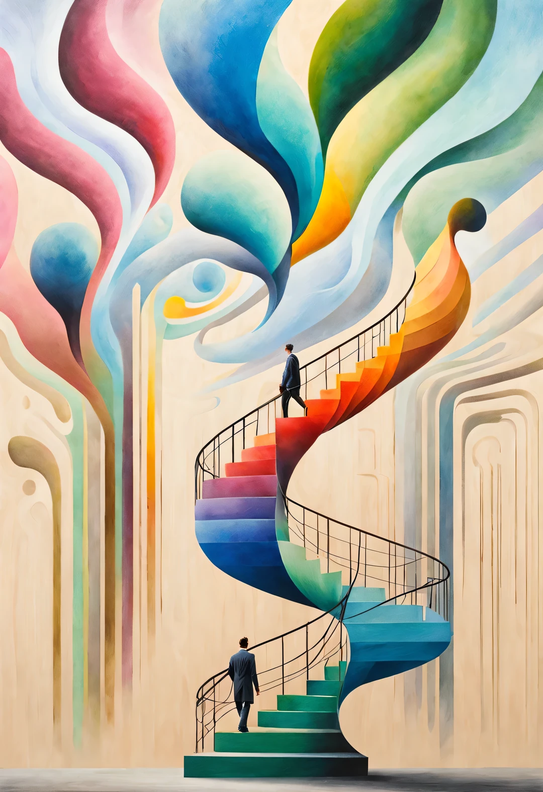 (Visual illusion), Inception, a repeating or spiral shape that moves or changes, or perspective-distorted images that distort perception of depth and space, These images appear to be moving, straight lines are curved, A painting of a man walking up a wooden staircase, Colorful geometric design, bright colors, Inspired by Tomek Setovsky, psychedelic architecture, bright colors of the Kirian and Penrose stairs Planar Surrealism, Biomorphic Temple, Paul Lehr and Mi Chong, master of abstract surrealism, inspired by killian, double contact,