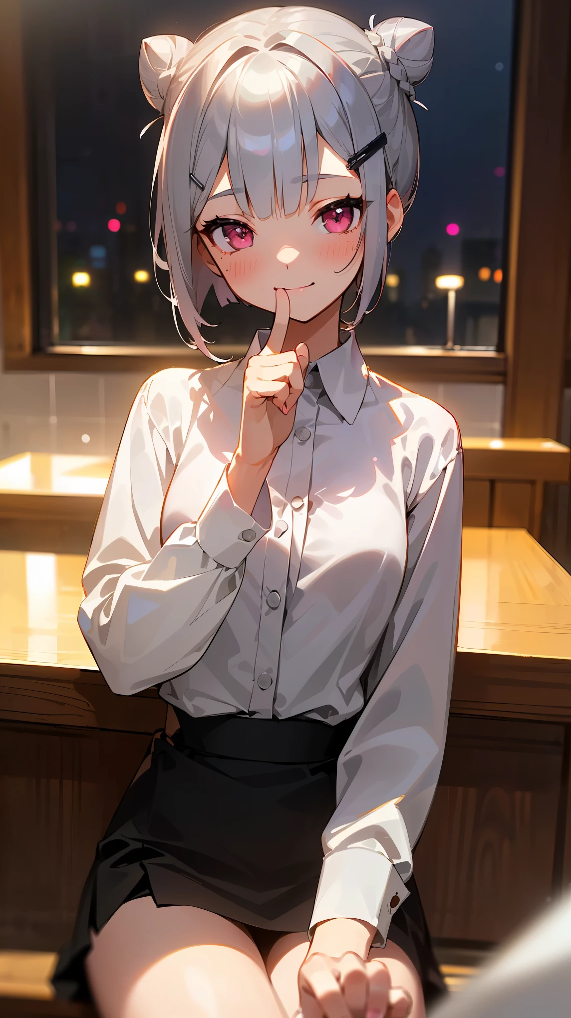 masterpiece、highest quality、1 girl、calm expression、(((Silver-haired 、Short silver bob hair tied into a bun with a hair clip、pink eyes、blush、smile、White blouse shirt)))、(sitting with a glass)、((indoor、night、Cafe))、(sharp focus) :1.2)、Professional Writing、photon mapping、radio city、Physically Based Rendering