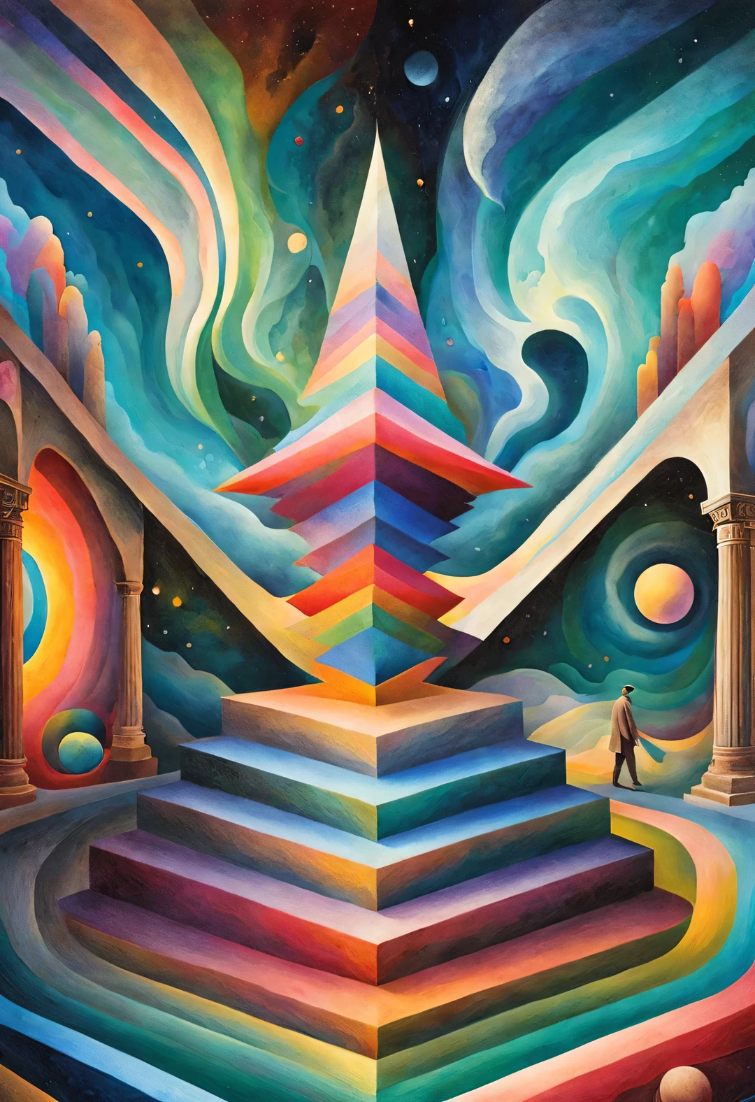 (Visual illusion), Inception, Vision within a kaleidoscope, A painting of a man walking up a wooden staircase, a huge man&#39;s face, a repeating or spiral shape that moves or changes, or perspective-distorted images that distort depth and spatial perception, These images appear to be moving, straight lines are curved, Colorful geometric design, bright colors, Inspired by Tomek Setovsky, psychedelic architecture, Energetic、colorful killian, penrose stairs, Flat Surrealism, Biomorphic Temple, Paul Lehr and Mi Chong, master of abstract surrealism, inspired by killian, Double exposure,