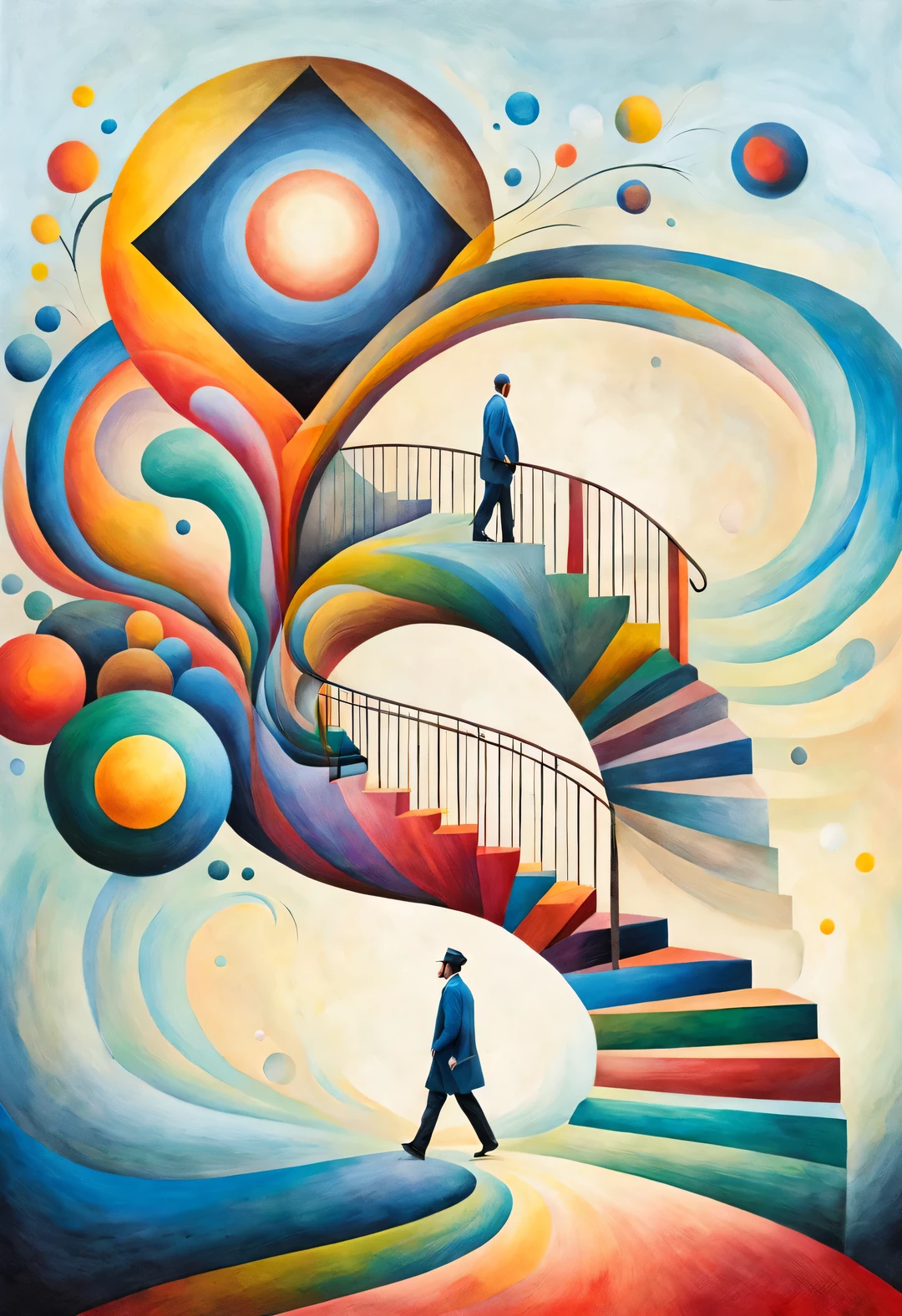 (Visual illusion), Inception, a repeating or spiral shape that moves or changes, or perspective-distorted images that distort perception of depth and space, These images appear to be moving, straight lines are curved, A painting of a man walking up a wooden staircase, Colorful geometric design, bright colors, Inspired by Tomek Setovsky, psychedelic architecture, bright colors of the Kirian and Penrose stairs Planar Surrealism, Biomorphic Temple, Paul Lehr and Mi Chong, master of abstract surrealism, inspired by killian, double contact,