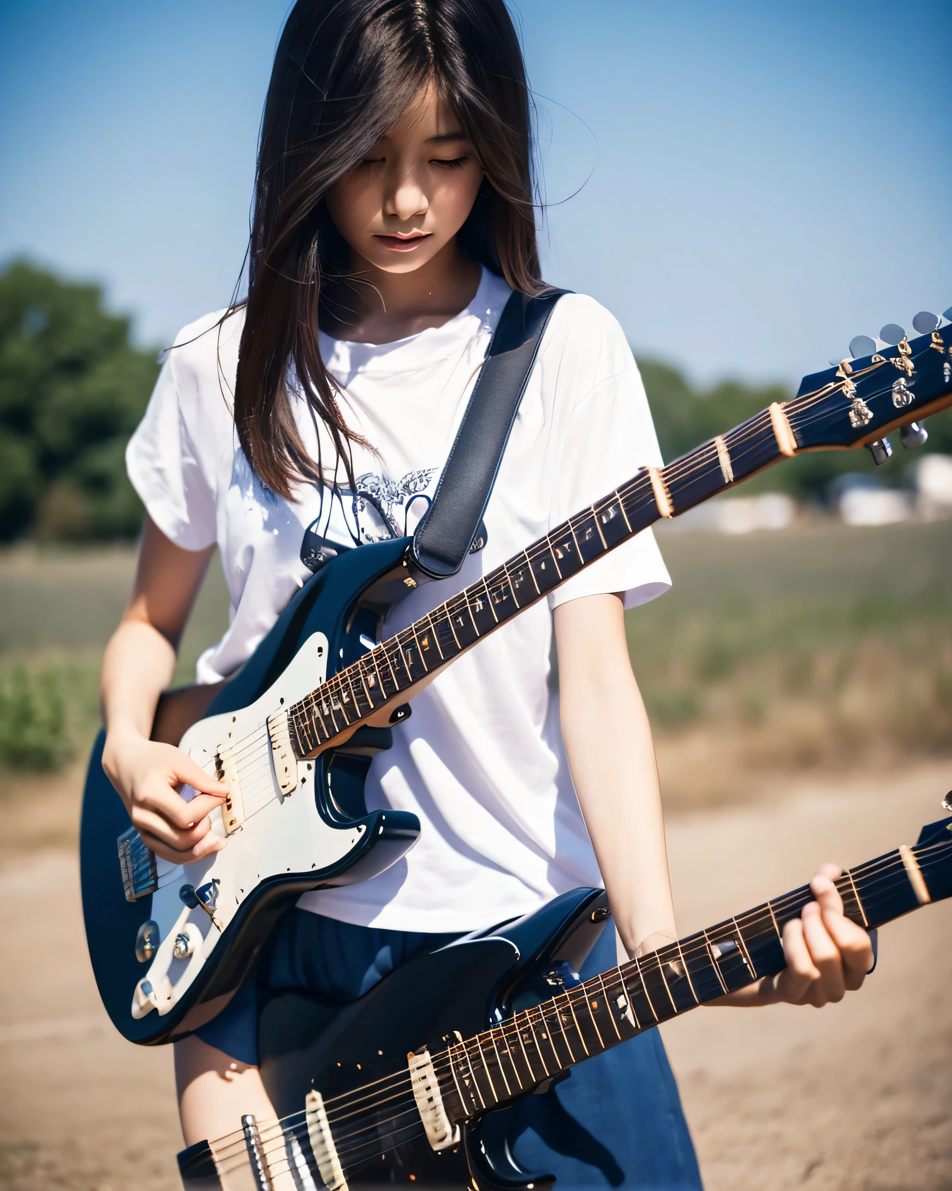 Beautiful Japanese girl playing the guitar Delicate and perfect hands Detailed dark hair with intricate colors hair blowing in the wind smooth soft skin detailed beautiful eyes serious look Plain white t-shirt skirt summer blue sky Sunshine Destroyed city a burned field delicate background professional lighting Professional photographer