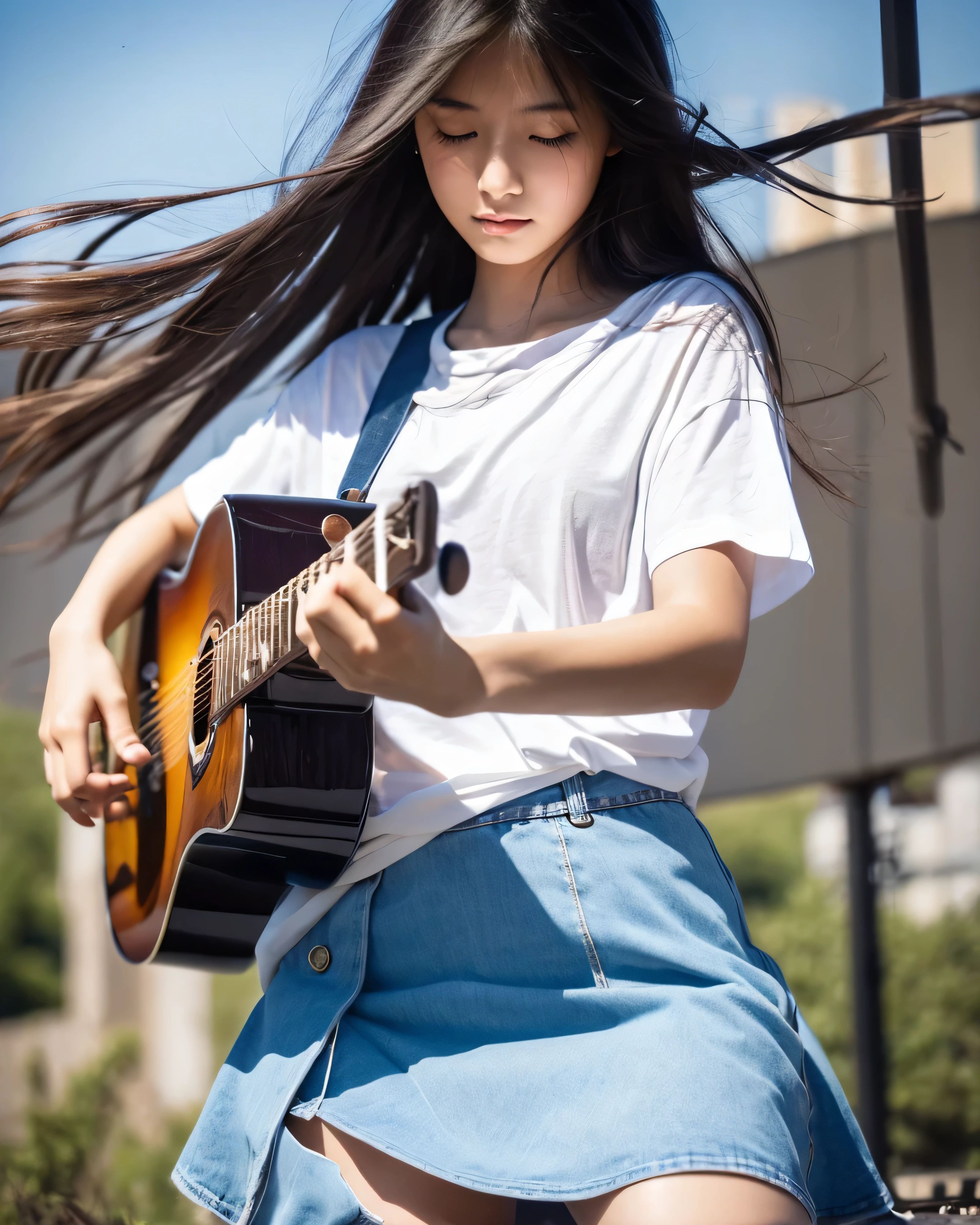 Beautiful Japanese girl playing the guitar Delicate and perfect hands Detailed dark hair with intricate colors hair blowing in the wind smooth soft skin detailed beautiful eyes serious look Plain white t-shirt skirt summer blue sky Sunshine Destroyed city a burned field delicate background professional lighting Professional photographer