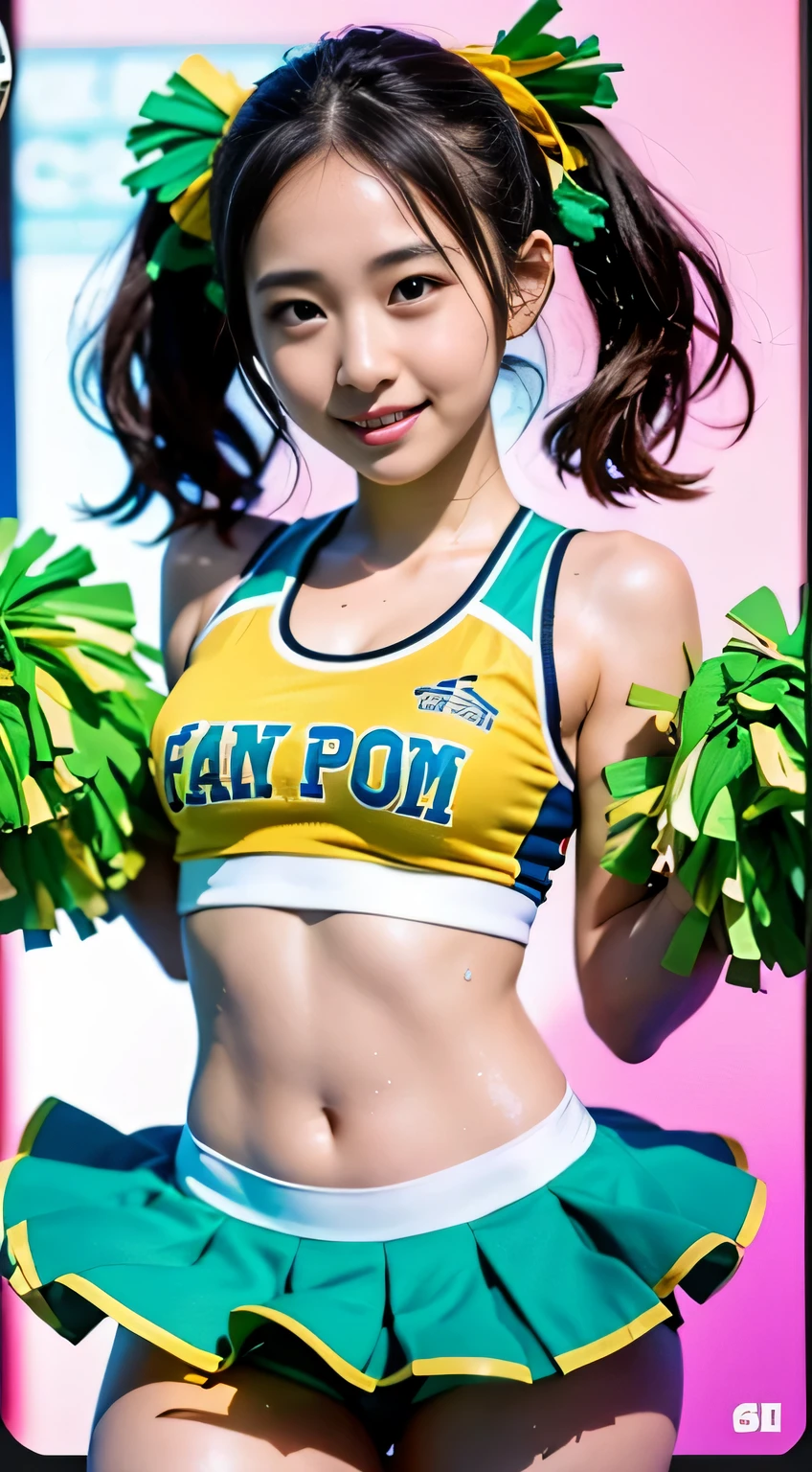 (((Draw only one woman:2)))、((Cheerleaders dancing at the basketball venue:1.5))、((She wears an elaborately designed cheerleader costume.:1.8))、beautiful woman、((1 screen))、8K、RAW shot、highest quality photos、masterpiece、nice realistic pictures、(( anatomically correct proportions : 1.5))、((perfect proportions))、((A cute woman who looks like a beautiful Japanese idol))、((small head))、detailed face、detailed eyes、narrow nose、(detailed fingers: 1.2)、detailed arms、detailed skin、detailed legs、(slim style)、((thin waist))、(Medium udder)、(Cheerleader costume with elaborate tank top design:1.5)、(sweaty body:1.2)、(sweaty hair:1.2)、(Cheerleader costume with bold design that shines when wet:1.3)、(Holding pom-poms in both hands:1.5)、(Dancing happily with a smile)