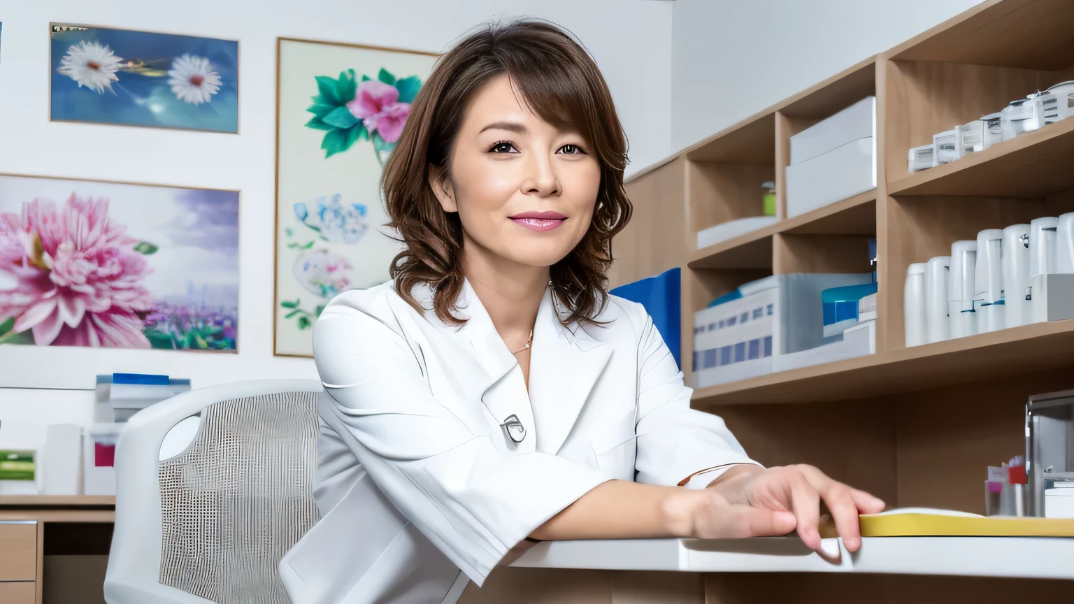 8K,(RAW photo),(highest quality),( (masterpiece:1.5)),(Super detailed),(ultra high resolution,),( (realistic, photo realistic:1.5)),(very detailed, 8k wallpaper),(very detailed woman in her 50s),(verydetailedな50代の少ししわのある肌),(very detailed face, very),(look at the camera),(Take a full body photo),(fine eyes, very detailed skin),(very detailed fingers),(very detailed nose),(beauty clinic nurse),(sitting at a white office desk),(serious expression),(Wearing a doctor's lab coat),(The background is a clean and tidy examination room with white walls in a hospital..)