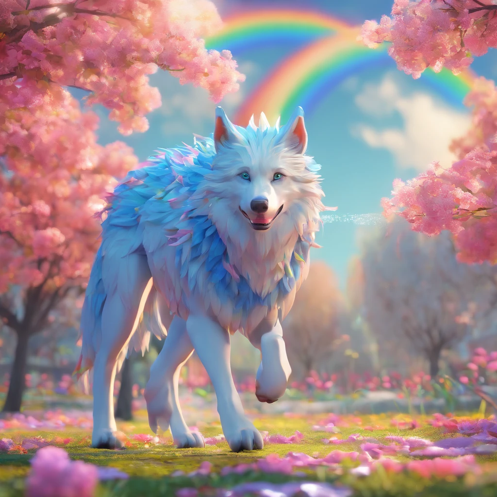 (best quality,8k,high resolution,masterpiece:1.2),male，Q version blue haired wolf character,, against a detailed and vibrant background, (see blue clothes,barefoot:0.6),looking at the audience, view from above, There are rainbows，(Warm light source:1.2), In the lively park, Peach blossoms bloom，With an expression of joy, stick out your tongue，Do not wear any pants