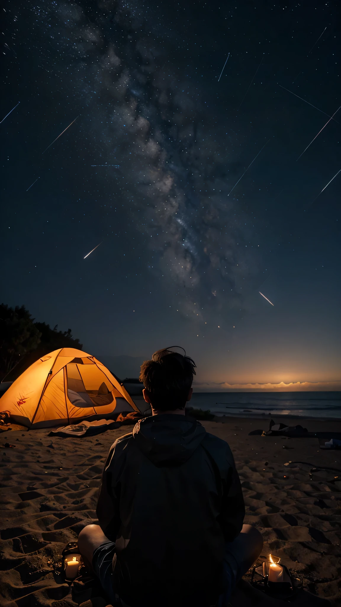 High quality，masterpiece， A guy watching the stars on the beach，1 person observing （ Orionids meteor showers）， Orionids meteor showers， alone， The foreground is a campfire、tent， looking at the Orionids meteor showers， from behind， outdoor
