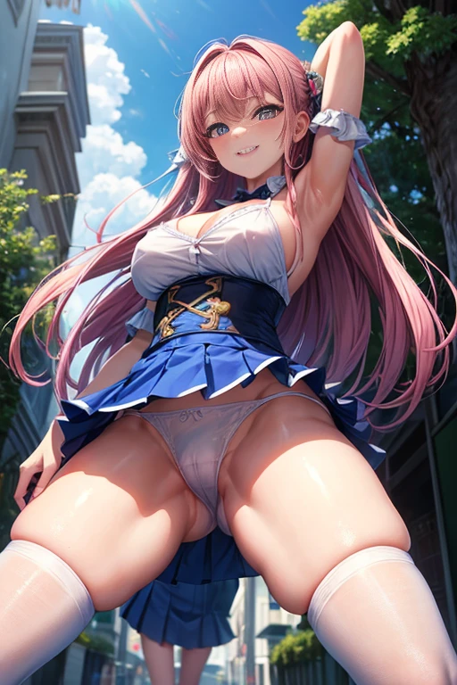 masterpiece、highest quality、8k.smile、blush、Private tutor sister、cute high school girl、thin waist、big breasts、panties、skirt lift、off shoulder、bikini、thin thighs、knee high socks、hands behind head、beautiful armpits、valley、sexy pose、shiny thighs