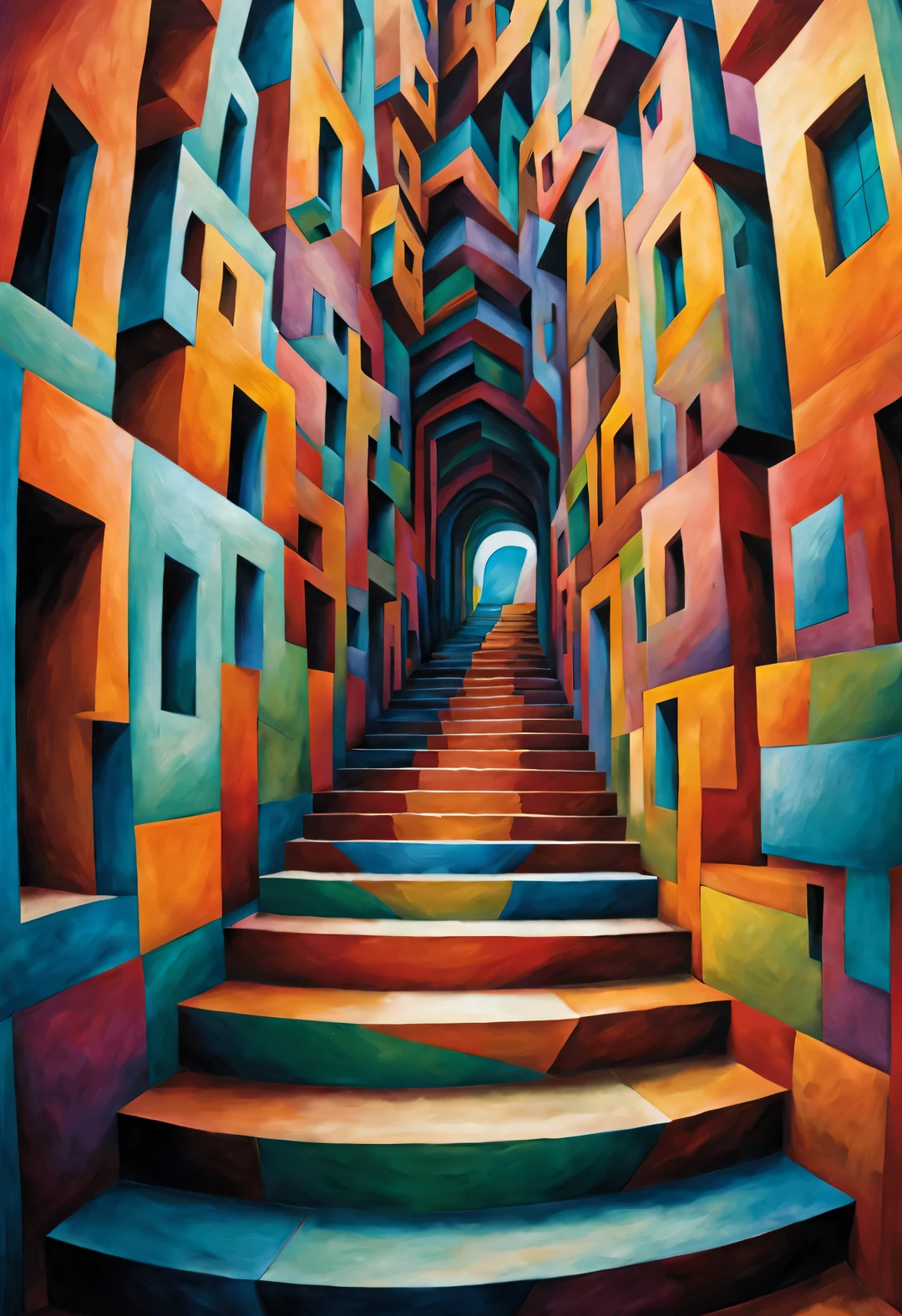 (Visual illusion), "Inception", "Inception", a repeating or spiral shape that moves or changes, or perspective-distorted images that distort perception of depth and space, These images appear to be moving, straight lines are curved, A painting of a man walking up the stairs, Colorful design, bright colors, Inspired by Tomek Setovsky, psychedelic architecture, bright colors of the Kirian and Penrose stairs Colorful flat surrealism, Colorful biomorphic temple, Paul Lehr and Mi Chong, master of abstract surrealism, inspired by killian, monument valley,