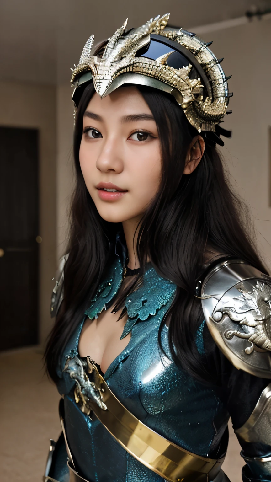 最high quality、high quality、best image quality、8K、最High resolution、High resolution、最high quality、masterpiece、RAW photo、whole photo、fantasy atmosphere、(detailed face)、(fine hands、thumb１reference４)、(beauty of japan )、very nice face、beautiful face、((beautiful japanese girl))、(japanese woman), ((18 year old beautiful girl))、(glossy black hair)、(long straight hair)、whole body、slim style、(shiny skin)、(Fair skin)、realistic human skin、realistic human body structure、perfect body， perfect face， perfect hands， perfect fingers， perfect lips， perfect eyes，perfect teeth、perfect background round， beautiful skin，looking at camera、soft natural light、Interior of a medieval European-style Western-style building、Interior decorated with artwork from the 1690s、 Interior of a 1600s mansion、Classic Bedroom、complex room、Classic interior、(metal that reflects light)、(mirror metal)、(mirror painted metal)、((mirror metallic(metal dragon armor))、((mirror metallic(metal dragon helmet))
