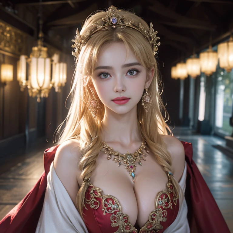 masterpiece，Highest image quality，Super details，best quality ,extremely delicate and beautiful, Very detailed,best quality, official art, Extremely detailed CG unified 8k wallpaper, Ana de Armas portrait photo, Blonde hair with black pupils，shiny skin,  (beautiful eyes:1.1), beautiful skin, big watery eyes，(detailed lighting:1.2), (Beautiful and detailed light:1.3),The noble goddess wearing flaming red and black holy clothes，Intricate Flame Shroud Details，Gorgeous and complex hollow ultra-thin flame dress，Beautiful udder, The most perfect  shape，firm breastcleavage，Nakeast，compdigital d, Smooth, sharp focus, end of the world, epic reality, (high dynamic range:1.4), (pastel colors:1.4), Revelation，Bright colors, screen space refraction, (intricate details, Super detailed:1.3), art station, lens, complex background, buliding，beautiful smile，The most beautiful look，Dreamcatcher earrings，The best look，The noble, beautiful and dignified goddess of fire，Garland of flowers，
