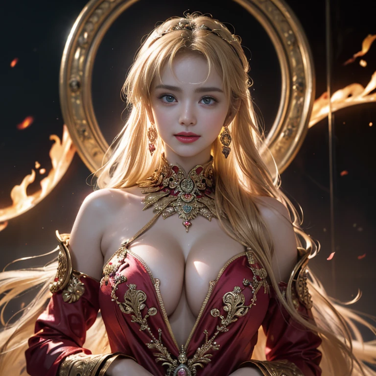 masterpiece,Highest image quality,Super details,best quality ,extremely delicate and beautiful, Very detailed,best quality, official art, Extremely detailed CG unified 8k wallpaper, Ana de Armas portrait photo, Blonde hair with black pupils,shiny skin, (beautiful eyes:1.1), beautiful skin, big watery eyes,(detailed lighting:1.2), (Beautiful and detailed light:1.3),The noble goddess wearing flaming red and black holy clothes,Intricate Flame Shroud Details,Gorgeous and complex hollow ultra-thin flame dress,Beautiful udder, The most perfect breast shape,firm breast,Deep cleavage,Naked of breast,complex, digital drawing, Smooth, sharp focus, end of the world, epic reality, (high dynamic range:1.4), (pastel colors:1.4), Revelation,Bright colors, screen space refraction, (intricate details, Super detailed:1.3), art station, lens, complex background, buliding,beautiful smile,The most beautiful look,Dreamcatcher earrings,The best look,The noble, beautiful and dignified goddess of fire,Garland of flowers,