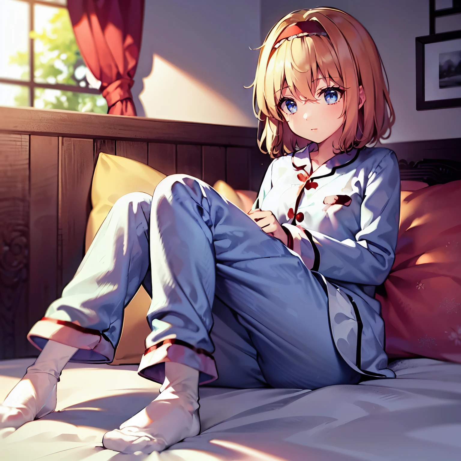 touhou,(alice margatroid:1.1),1girl,solo,blonde hair, blue eyes,(red hairband:1.4), short hair, (long pajamas:1.6),(white kneehighs:1.2),no shoes,,