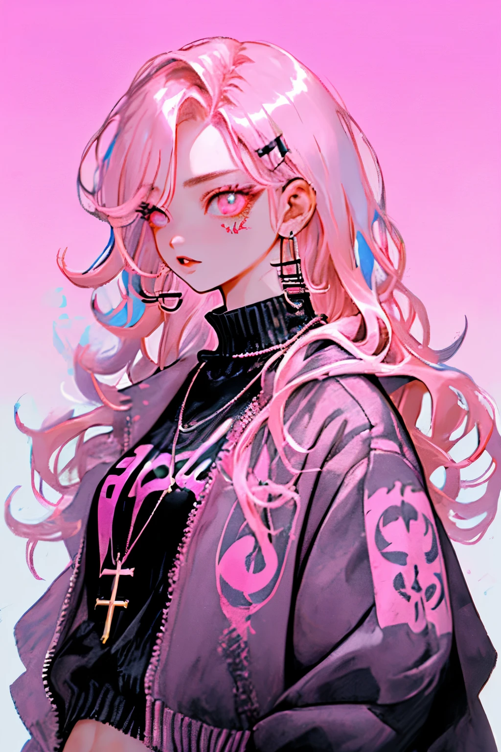 Niji Style, 1girl, solo, long hair, looking at viewer, eye glowing background, jewelry, closed mouth, jacket, upper body, pink hair, earrings, pink eyes, necklace, from side, sweater, lips, eyelashes, makeup, wavy hair, piercing, cross, lipstick, ear piercing, eyeshadow, hoop earrings, pink lips, multicolored eyes, pink theme, , pink eyeshadow, tattoos