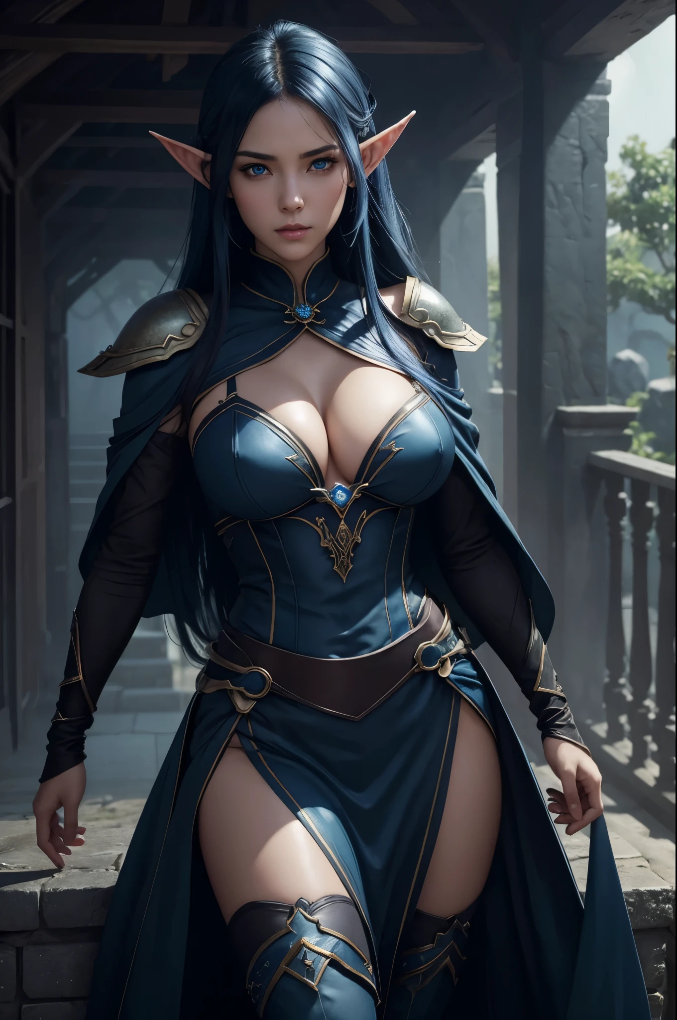 8K、dark elfと非常に, very big breasts、Super beautiful、Tanned realistic skin、elf ears,豪華な青と白のsexy costume、Model Chute Style、(Highly detailed CG Unity 8K wallpaper)、Full shot body photos of the most beautiful artwork in the world、Front 4 poses、dark elf、blue hair、Green Valley、青と白のsexy costume。black skirt、pearl skin、diamond、Medieval architecture、Ed Brink、Atei Gairan、Studio Ghibli、Jeremy Mann、greg manches、Antonio Moro、Trending at Art Station、CG Trends、 crowded、、down to the last detail、sharp focus、Mid-Journey and dramatic and photorealistic pictorial art by Greg Rutkowski、sexy costume、very big breasts、blue eyes、beholder、beautiful expression、emphasize cleavage,