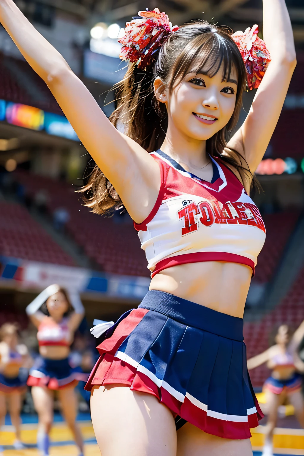 (((Draw only one woman:2)))、((Cheerleaders dancing at the basketball venue:1.5))、((She wears an elaborately designed cheerleader costume.:1.8))、beautiful 16 year old woman、((1 screen))、8K、RAW shot、highest quality photos、masterpiece、nice realistic pictures、(( anatomically correct proportions : 1.5))、((perfect proportions))、((A cute woman who looks like a beautiful Japanese idol))、((small head))、detailed face、detailed eyes、narrow nose、(detailed fingers: 1.2)、detailed arms、detailed skin、detailed legs、(slim style)、((thin waist))、(Medium udder)、(Cheerleader costume with elaborate tank top design:1.5)、(sweaty body:1.2)、(sweaty hair:1.2)、(Cheerleader costume with bold design that shines when wet:1.3)、(Holding pom-poms in both hands:1.5)、(dance with a happy smile:1.2)