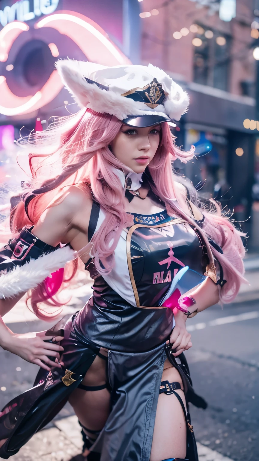 1girl, Freya character mobile legends, long hair, pink hair, wearing a police hat, realistic, ultra detail, 70mm lens, 