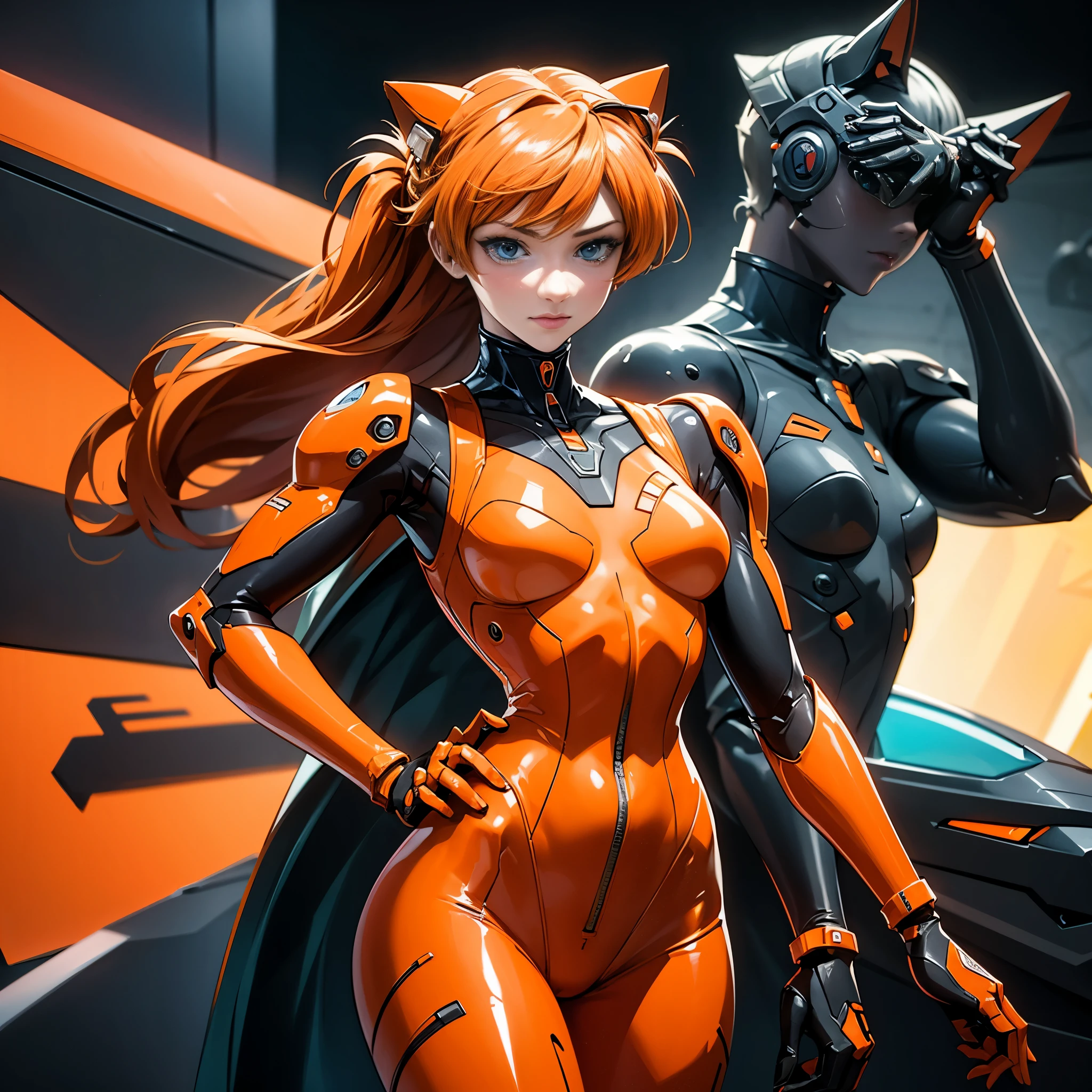 Orange mech girl,Pose in a mechanical scene,Whole body diagram,cat ear, Dear in Franks ,pilotsuit,Tall,cat ear,Gel coat,exquisite warframe fanart, Cat's ear headdress, Biomechanical OPPA