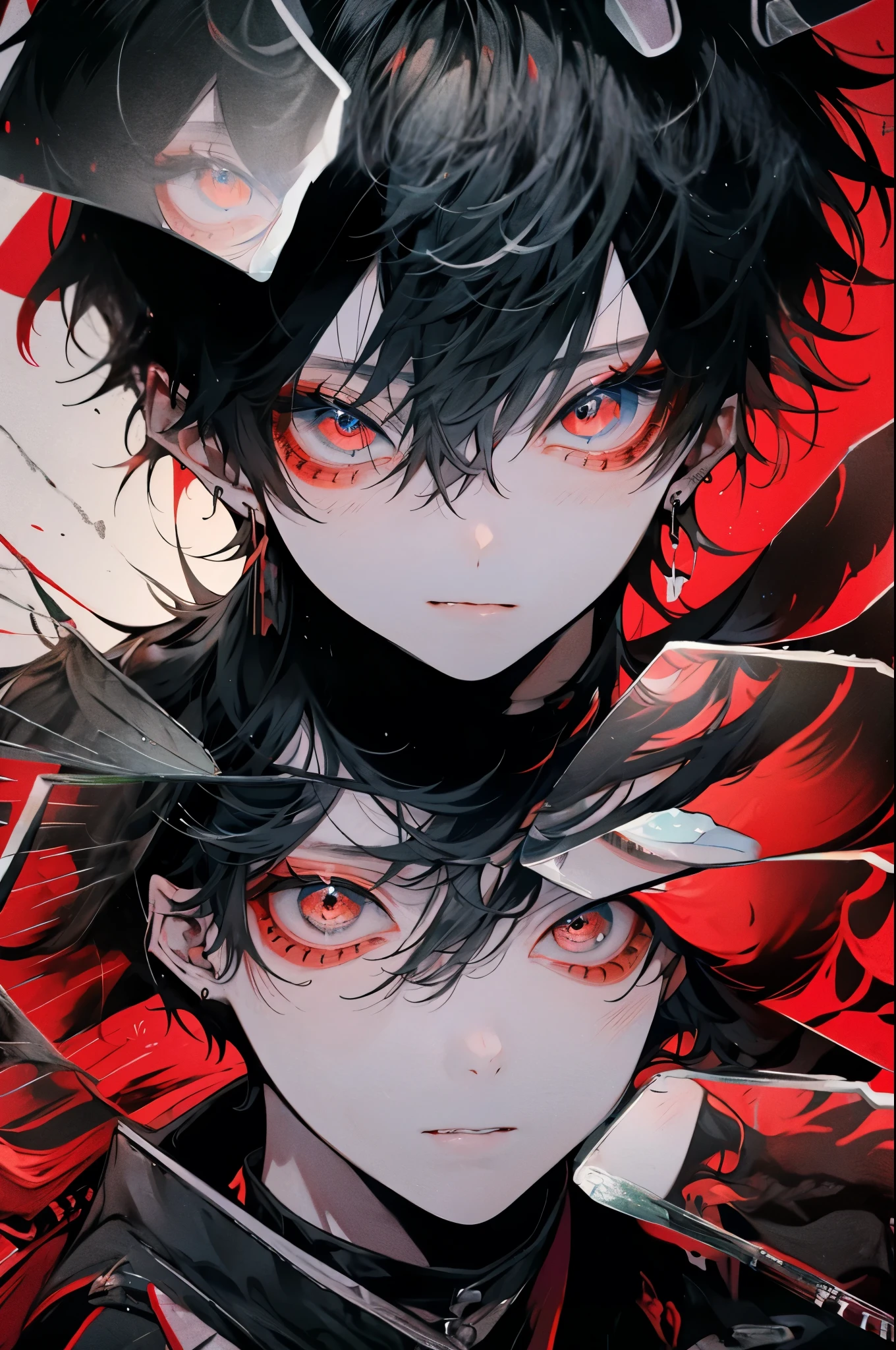 black short hair，red eye，1 cool boy，face forward，black clothes