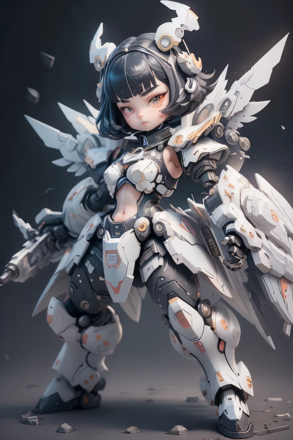 plastic an 00d, 1 girl, Little, Dopamine Color Matching, Double Diamond, white theme, Luxurious fabrics, dither, far-reaching, She is fused with futuristic Gundam mecha, Gundam style, with headgear, with v-fin , visible cleavage, visible stomach, visible waist,, armored shoulders,armored under arms, armored under legs, mechanical wings, holding weapon, holding huge weapon, holding Very large shield, (battle pose:1.5),(bob cut:1.3), black hair, thick eyebrows, light colored iris, big, shining black eyes, long eyelashes, small, pale natural lips, (Average face of Japanese idols), wide forehead:1.2, plump cheeks, small chin, visible side boob, pretty background3d、4d,