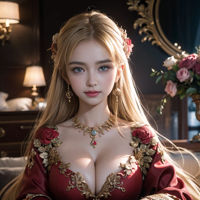 masterpiece,Highest image quality,Super details,best quality ,extremely delicate and beautiful, Very detailed,best quality, official art, Extremely detailed CG unified 8k wallpaper, Ana de Armas portrait photo, Blonde hair with black pupils,shiny skin, (beautiful eyes:1.1), beautiful skin, big watery eyes,(detailed lighting:1.2), (Beautiful and detailed light:1.3),The noble goddess wearing flaming red and black holy clothes,Intricate Flame Shroud Details,Gorgeous and complex hollow ultra-thin flame dress,Beautiful udder, The most perfect breast shape,firm breast,Deep cleavage,Naked of breast,complex, digital drawing, Smooth, sharp focus, end of the world, epic reality, (high dynamic range:1.4), (pastel colors:1.4), Revelation,Bright colors, screen space refraction, (intricate details, Super detailed:1.3), art station, lens, complex background, buliding,beautiful smile,The most beautiful look,Dreamcatcher earrings,The best look,The noble, beautiful and dignified goddess of fire,Garland of flowers,
