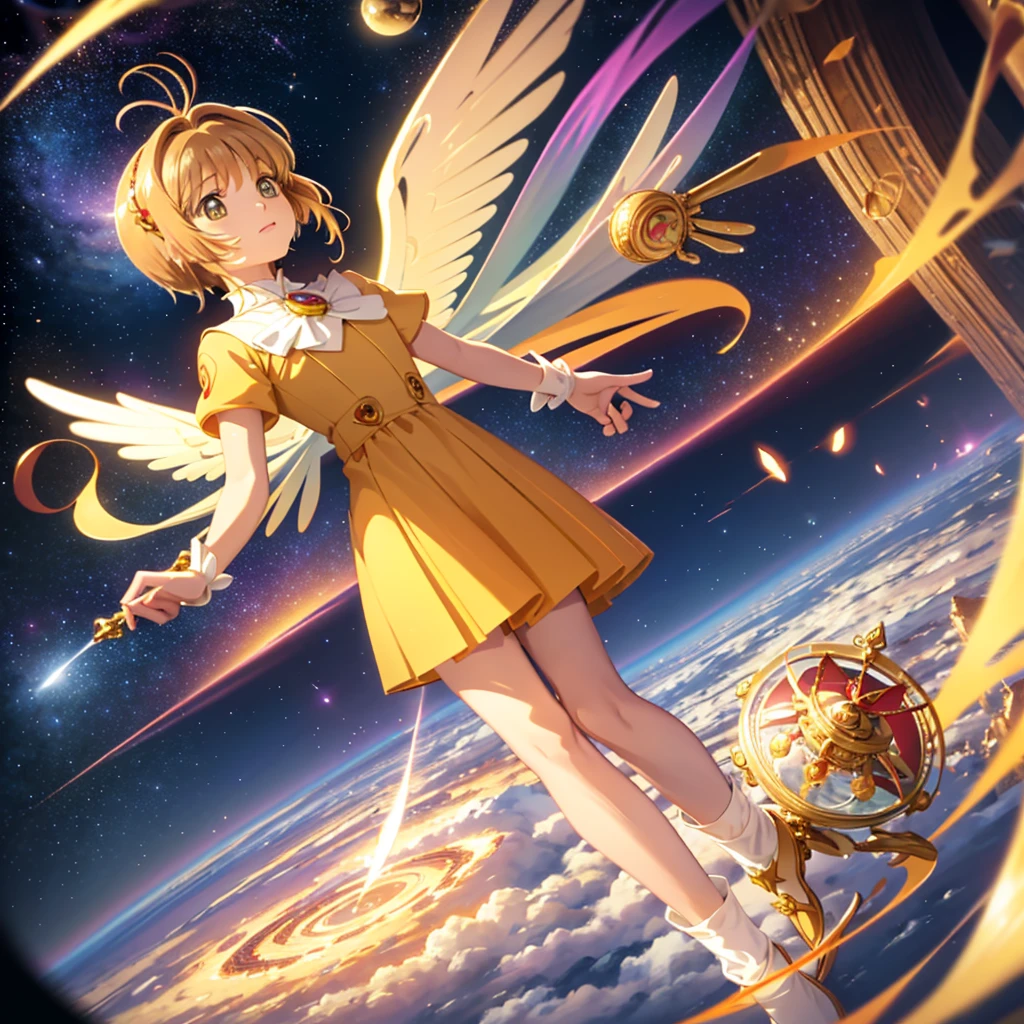 realistic, (masterpiece, excellent quality, highest quality, official art, beautiful and aesthetic: 1.2),(flight:1.4) very detailed, fractal art, colorful, more detailed, (abstract background: 1.5) (1 girl: 1.3), light brown hair, bright eyes, Hilarious, Hairstyle back, short hair, , milky way, Giant magic golden Sagittarius astrolabe, dream, fantasy, Golden trim, beautiful and detailed sky, Style and decoration, Female-only room,  (Sakura Cardcaptor)